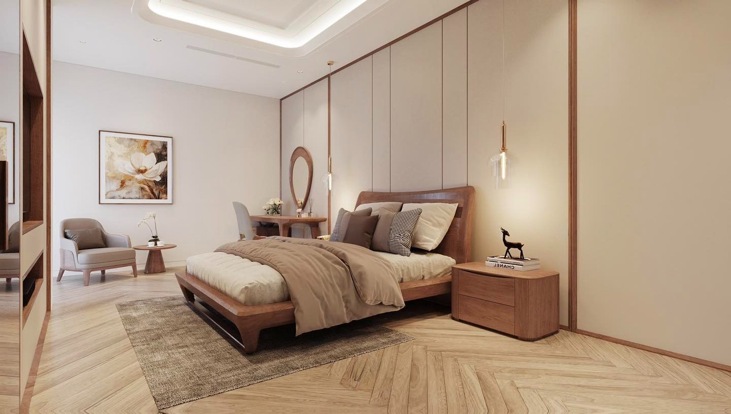 Giường ngủ gỗ tự nhiên 1m6 x 2m hiện đại với tựa đầu cong nhẹ