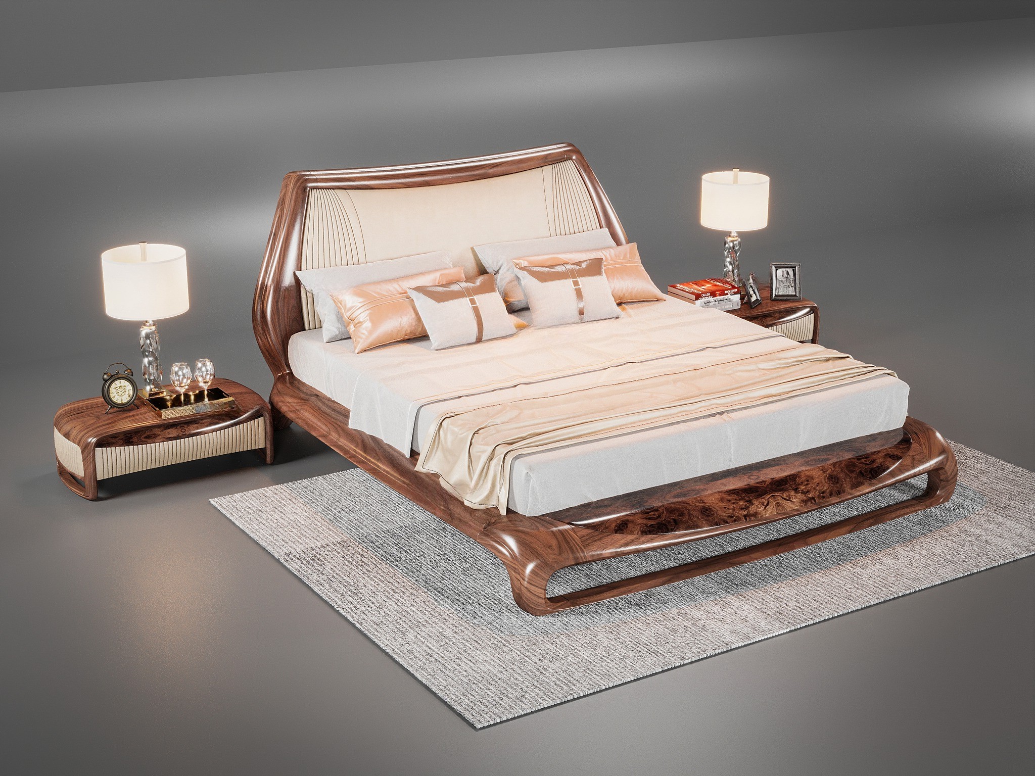 Giường ngủ hiện đại cao cấp gỗ óc chó hoặc gỗ sồi với tựa đầu giường bọc da chần bông màu be