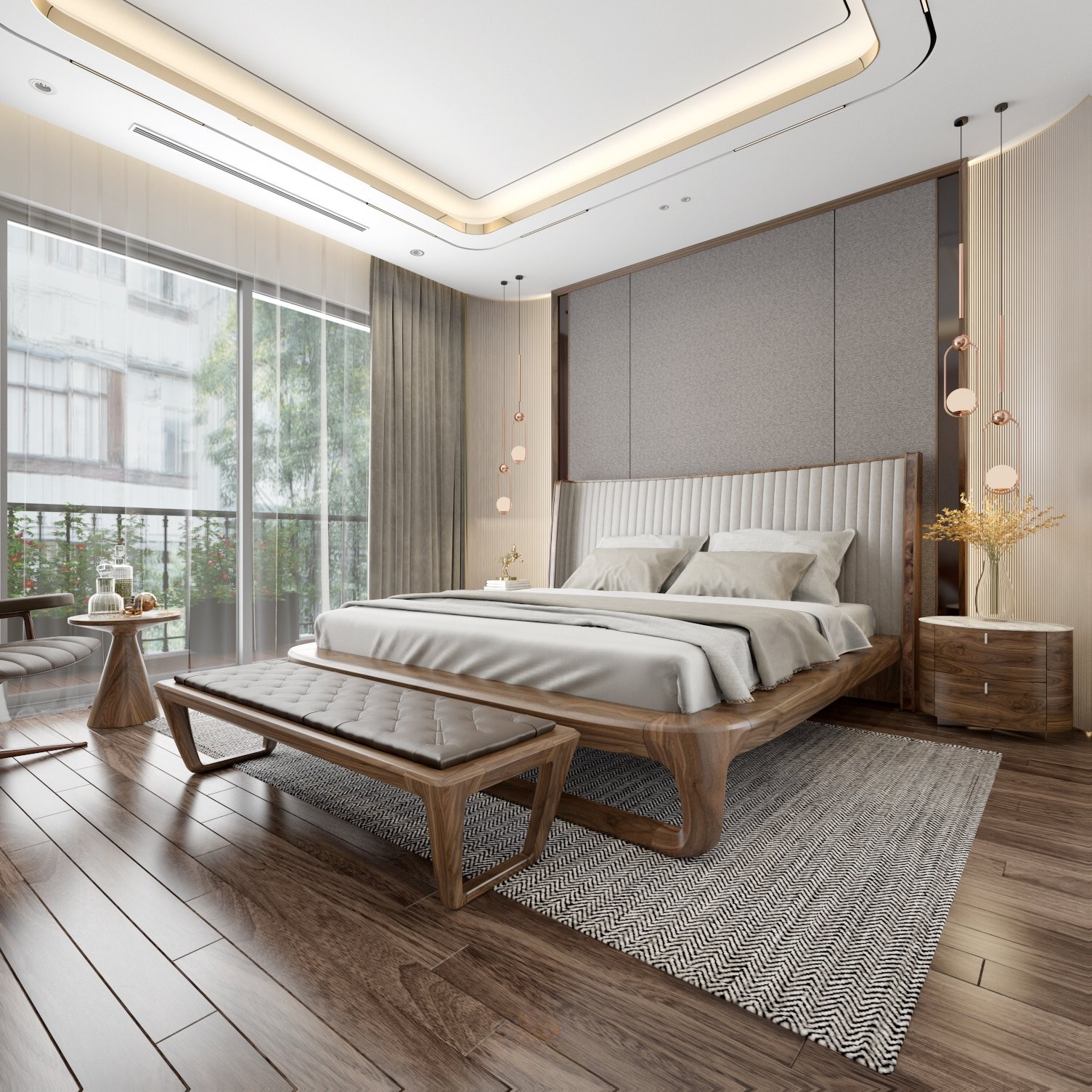 Giường ngủ sang trọng gỗ óc chó với tựa nệm bọc vải và tab đá marble hiện đại