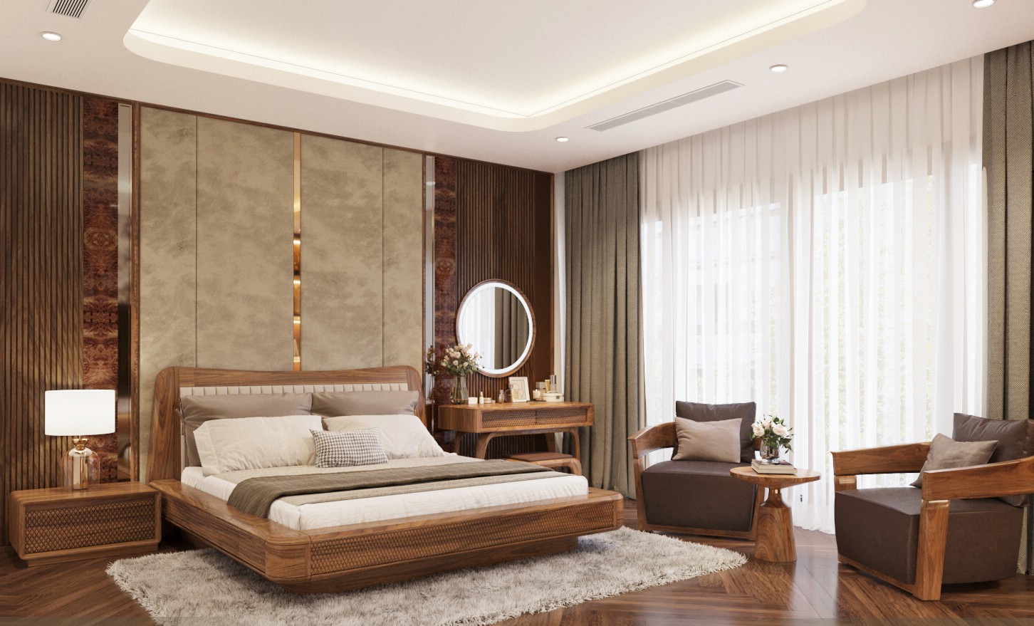 Giường ngủ gỗ dáng thấp với đầu giường bọc da và khung bo tròn mềm mại