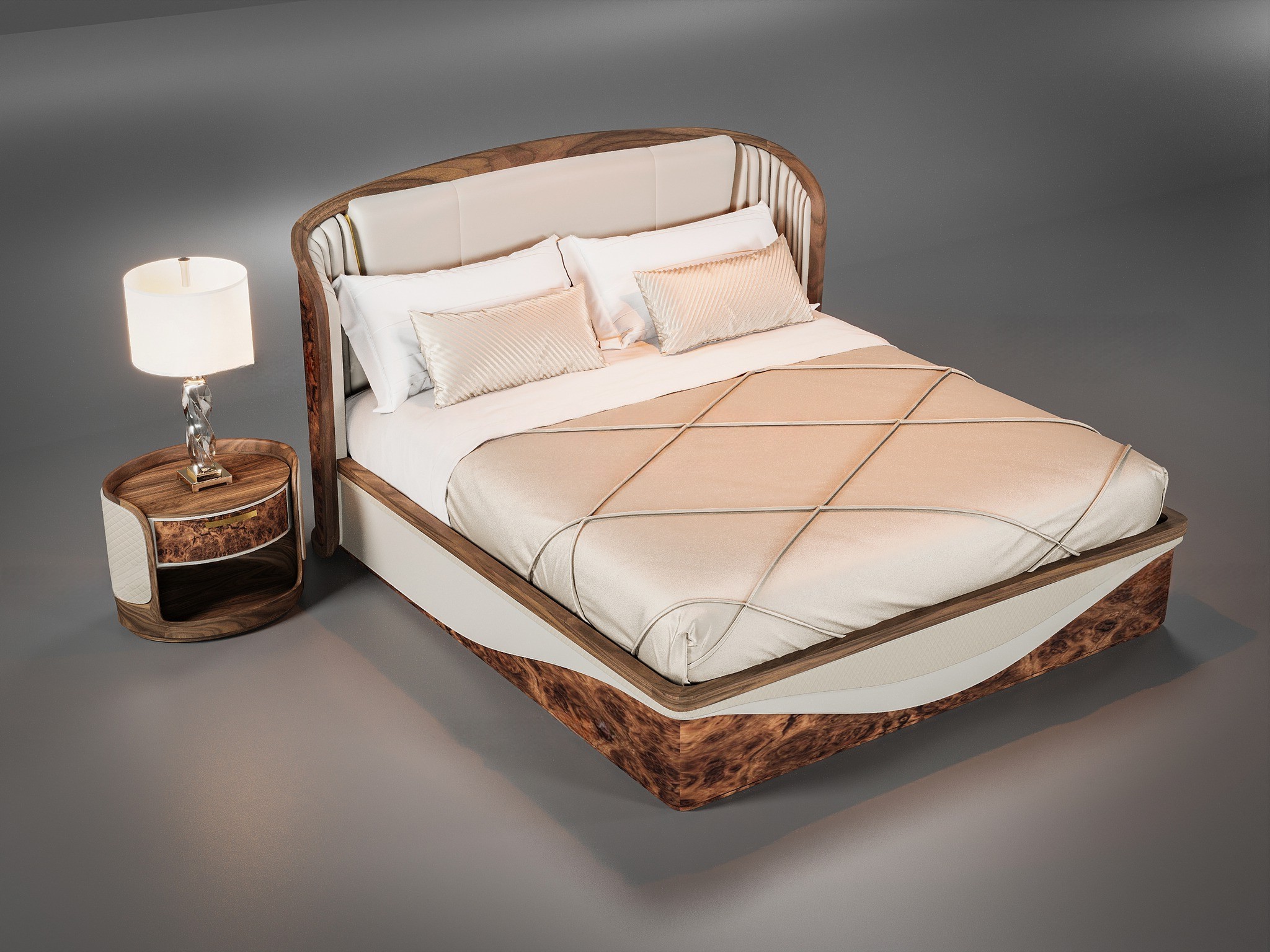 Giường gỗ óc chó cao cấp với khung veneer nu và nệm da màu be