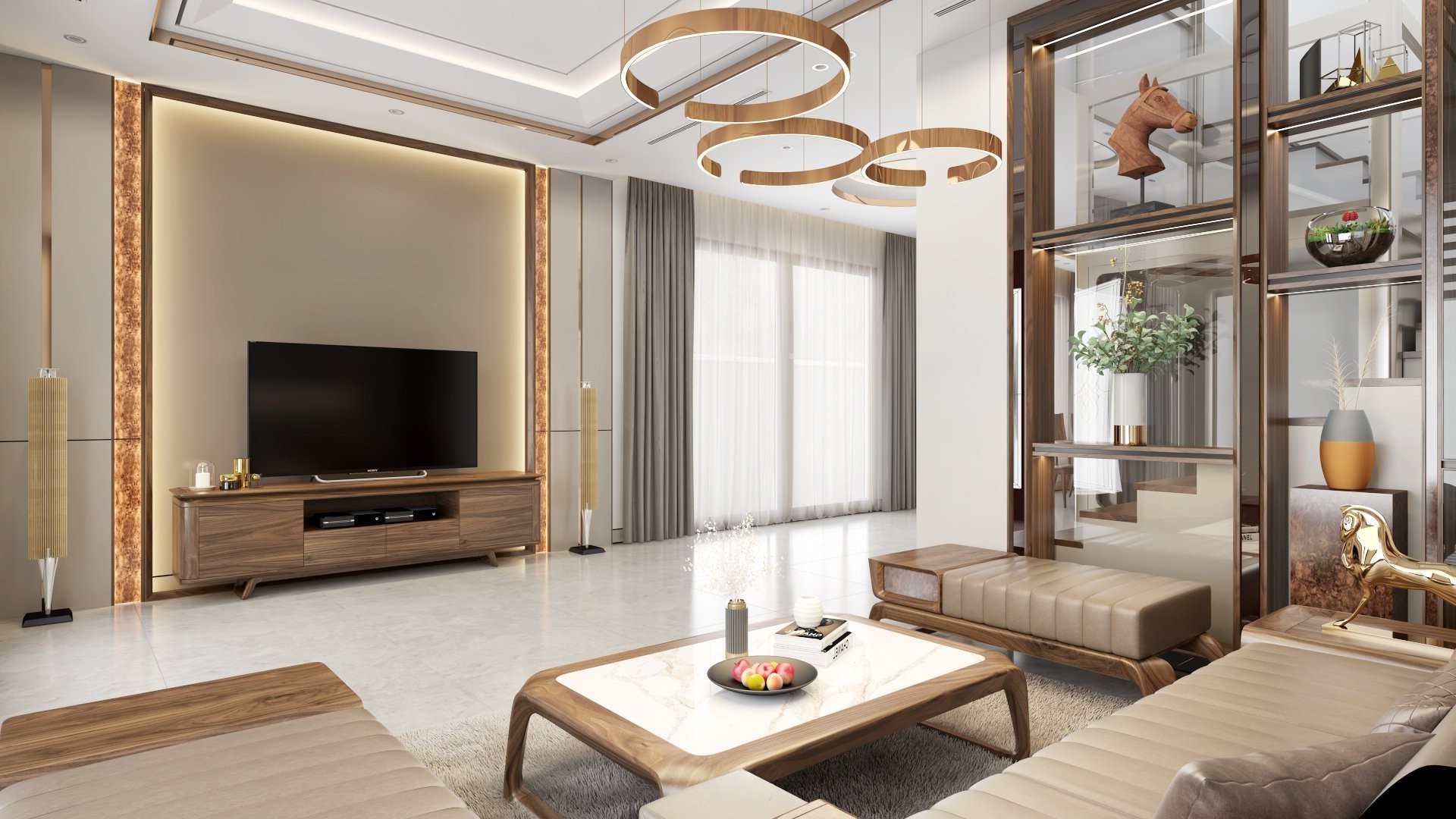 kệ để tivi gỗ óc chó chân thuyền bo tròn góc cánh CNC hiện đại