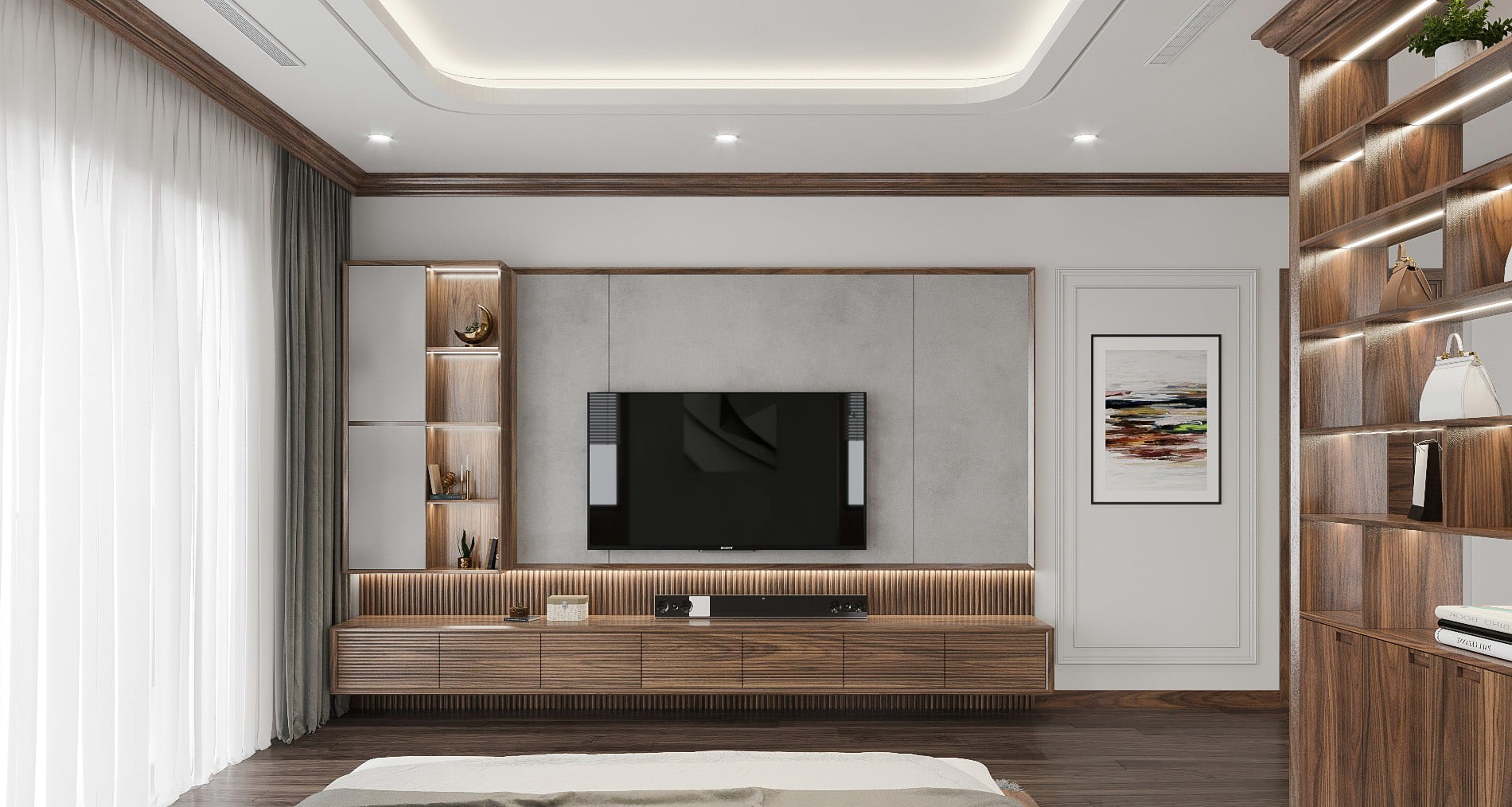 kệ gỗ tivi treo tường veneer óc chó kết hợp vách Laminate xám xi măng hiện đại