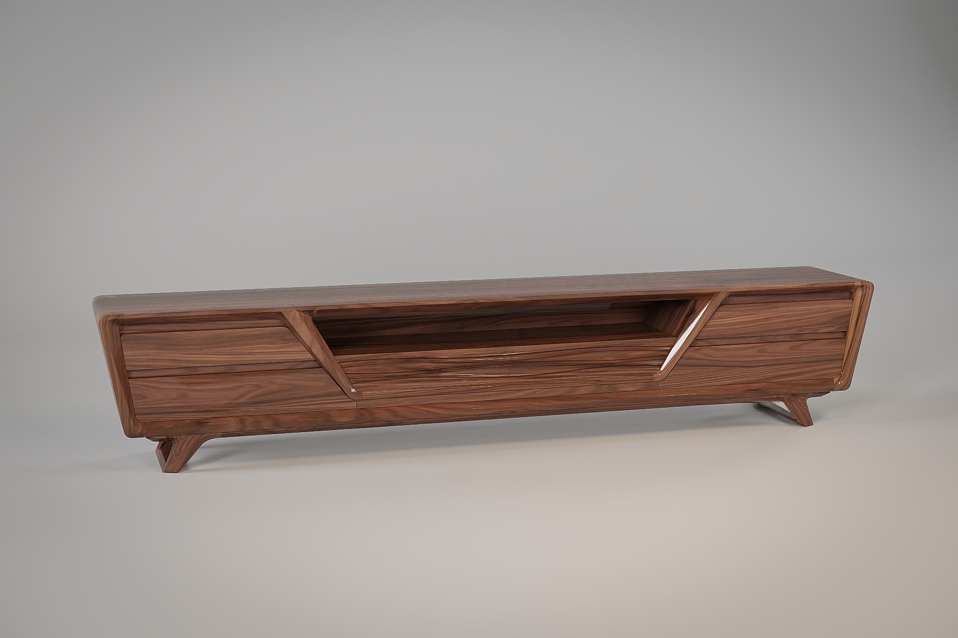 Kệ tivi cao cấp gỗ óc chó hình thang sang trọng với chân chữ U thấp