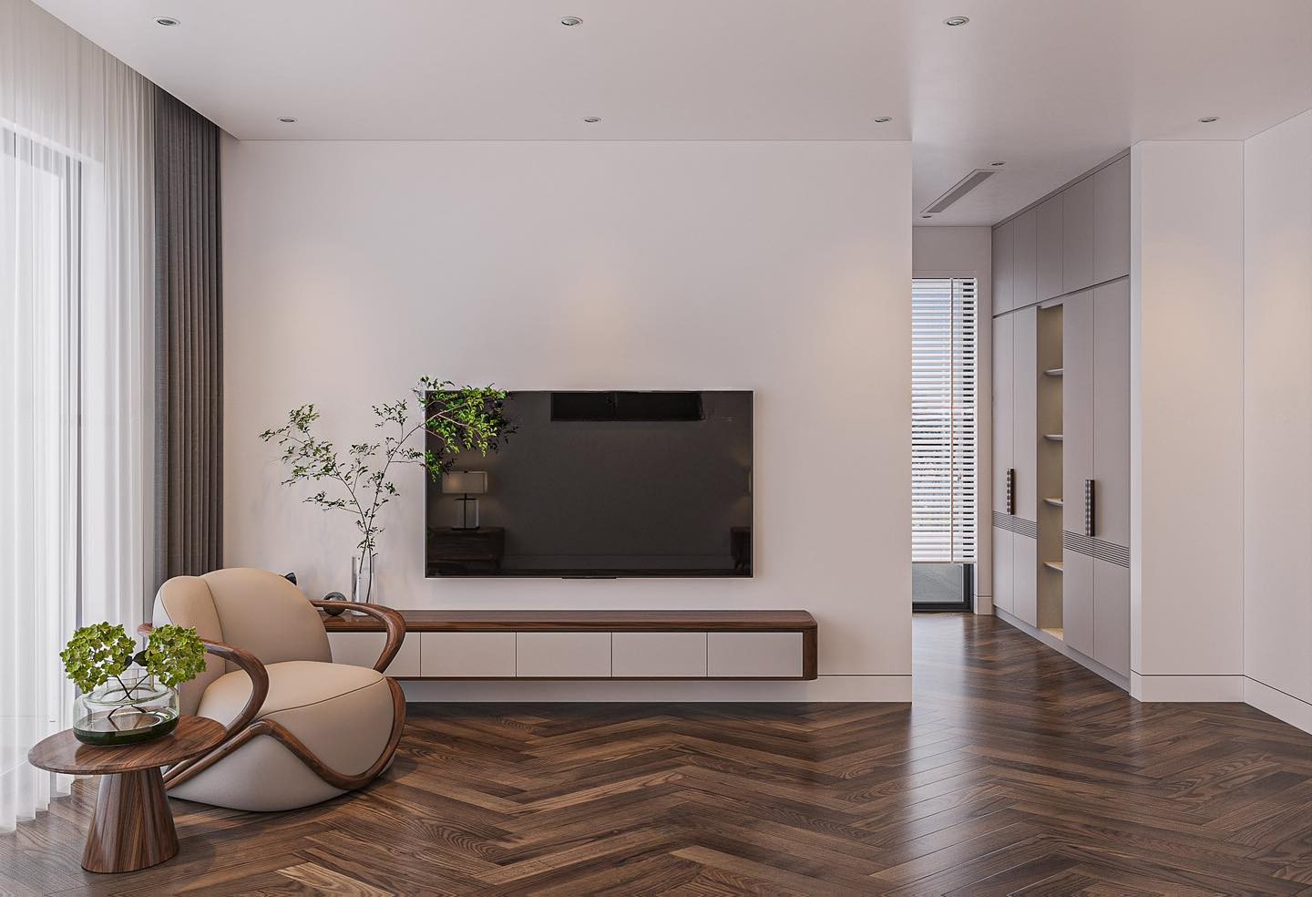 Kệ tivi treo tường hình hộp chữ nhật với mặt cánh acrylic trắng hiện đại