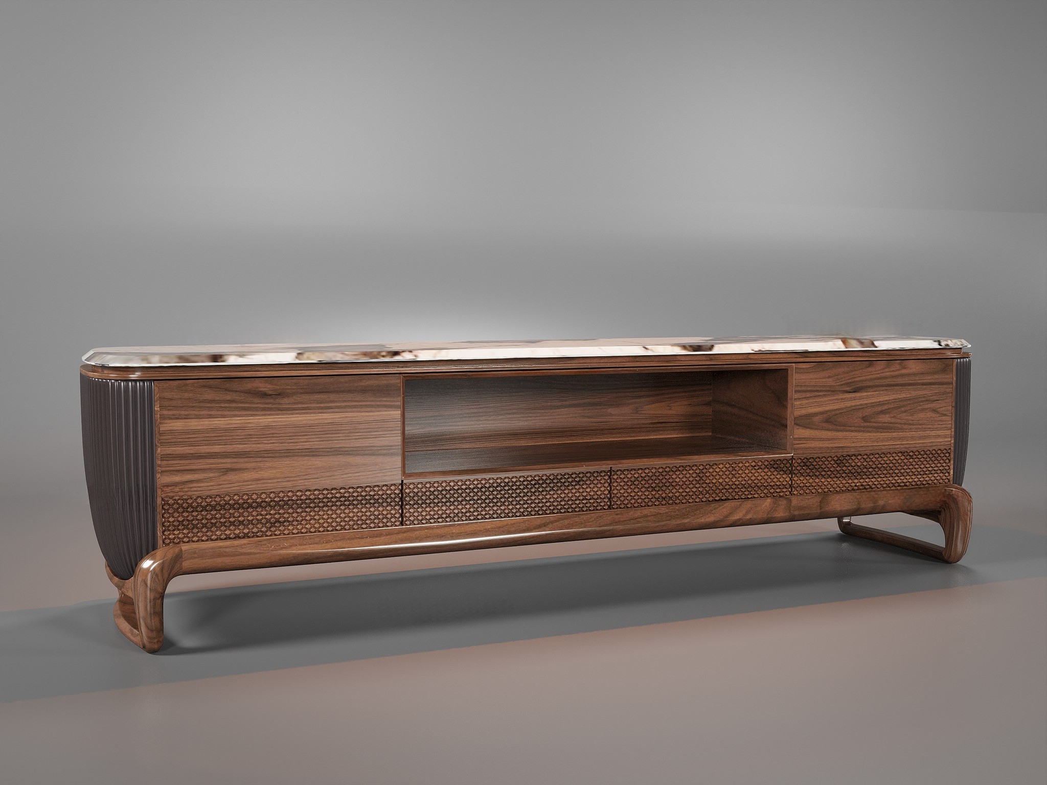 Kệ tivi gỗ đơn giản hiện đại mặt đá marble và ngăn kéo CNC mắt cáo