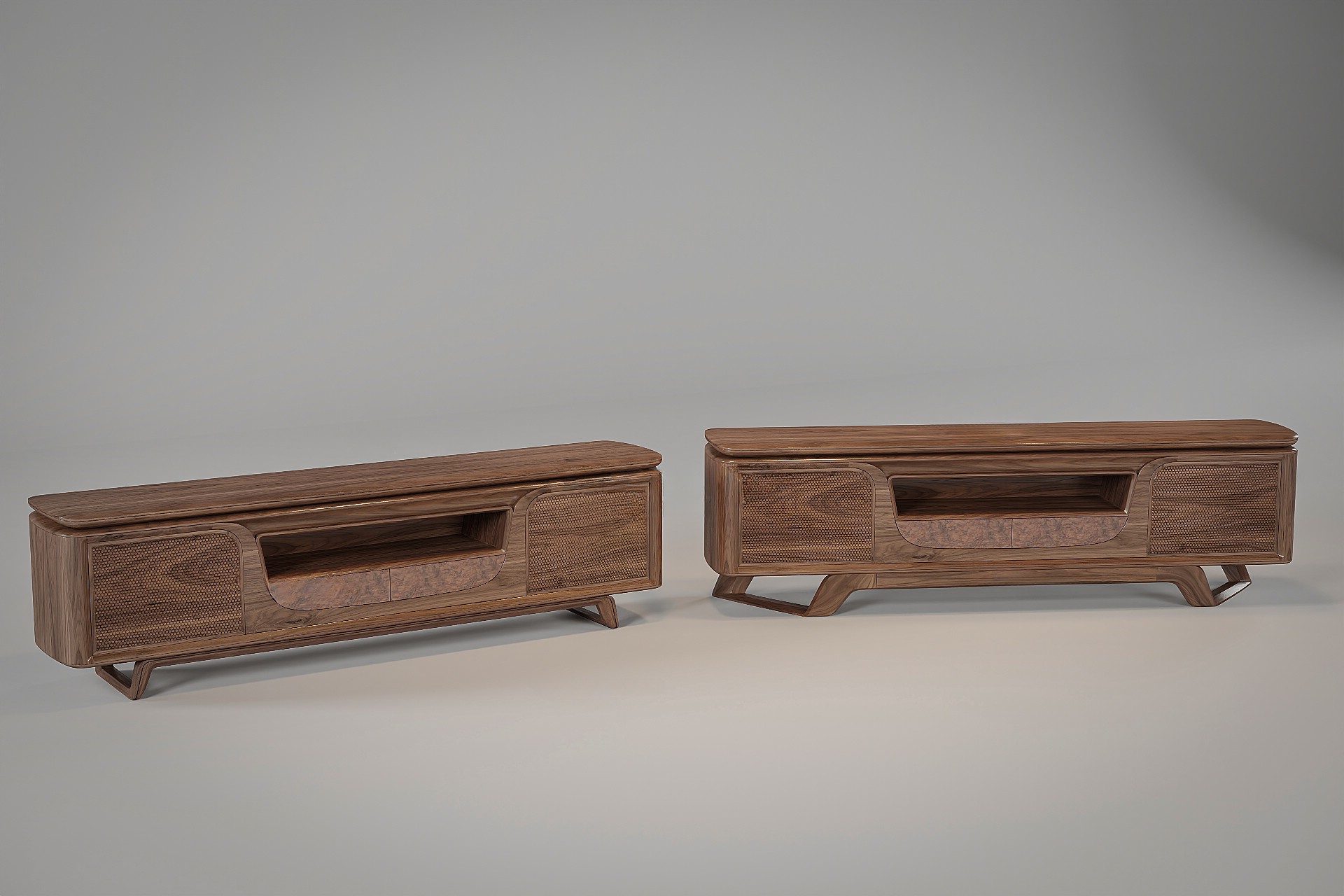 Kệ tivi gỗ tự nhiên hiện đại với cánh tủ CNC mắt cáo và chân gỗ chữ U sang trọng