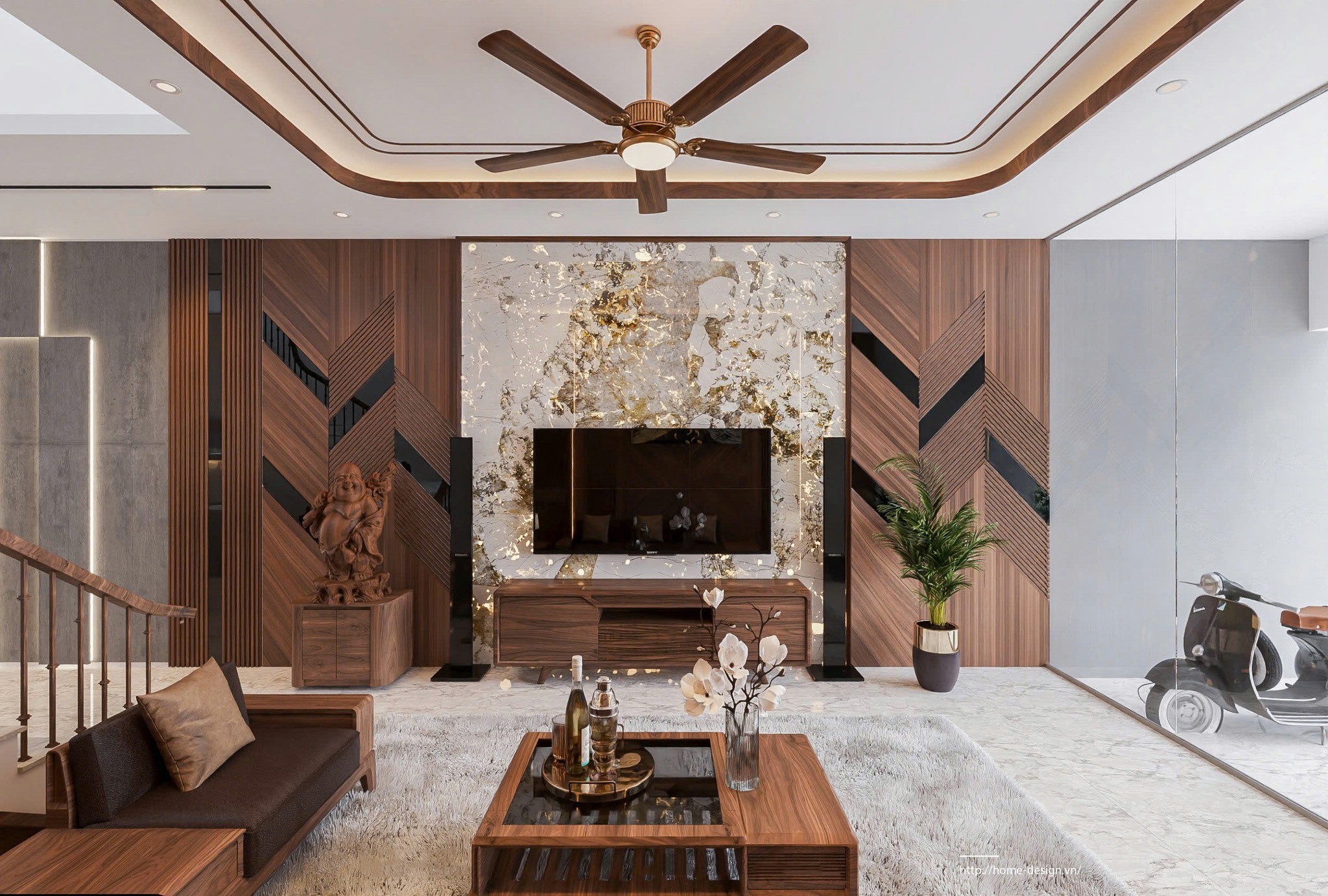Kệ tivi gỗ dáng hộp chữ nhật đặt sàn, chất liệu veneer vân óc chó