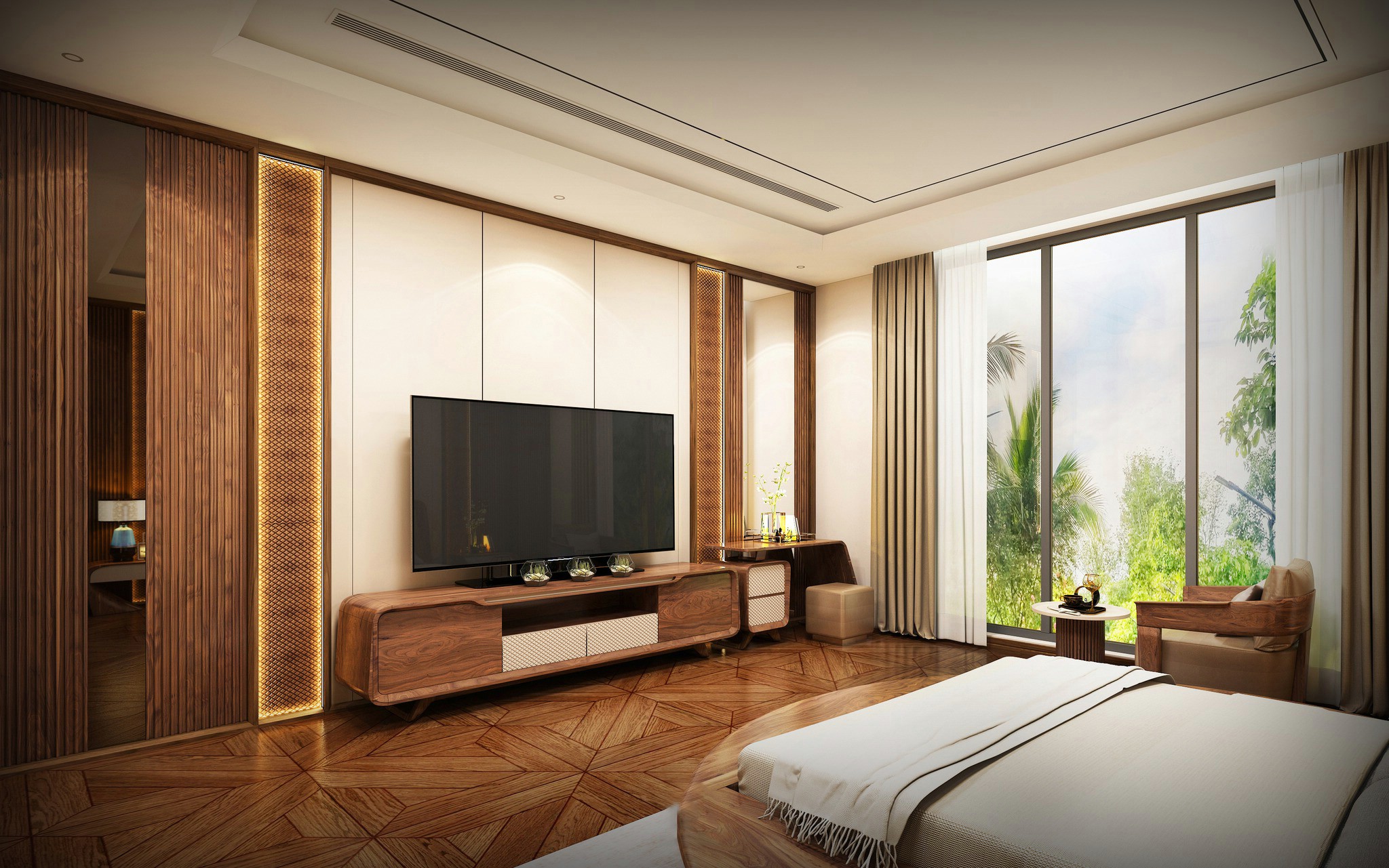 Kệ tivi hiện đại phòng ngủ bằng gỗ óc chó hoặc sồi, khung bo tròn sang trọng
