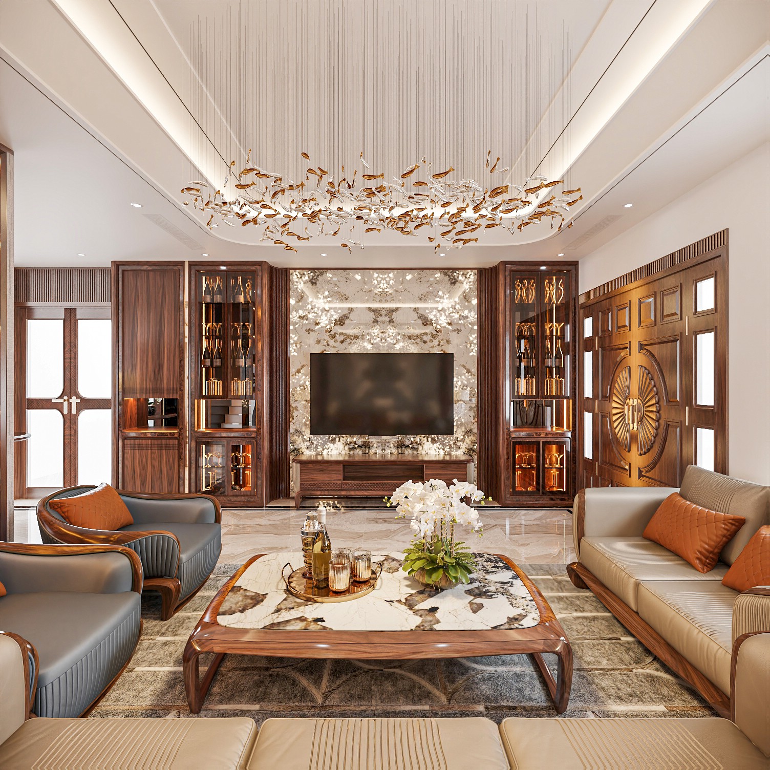 Kệ tivi đặt sàn giữa hai tủ rượu kính đối xứng, gỗ óc chó hoặc MDF vân gỗ nâu