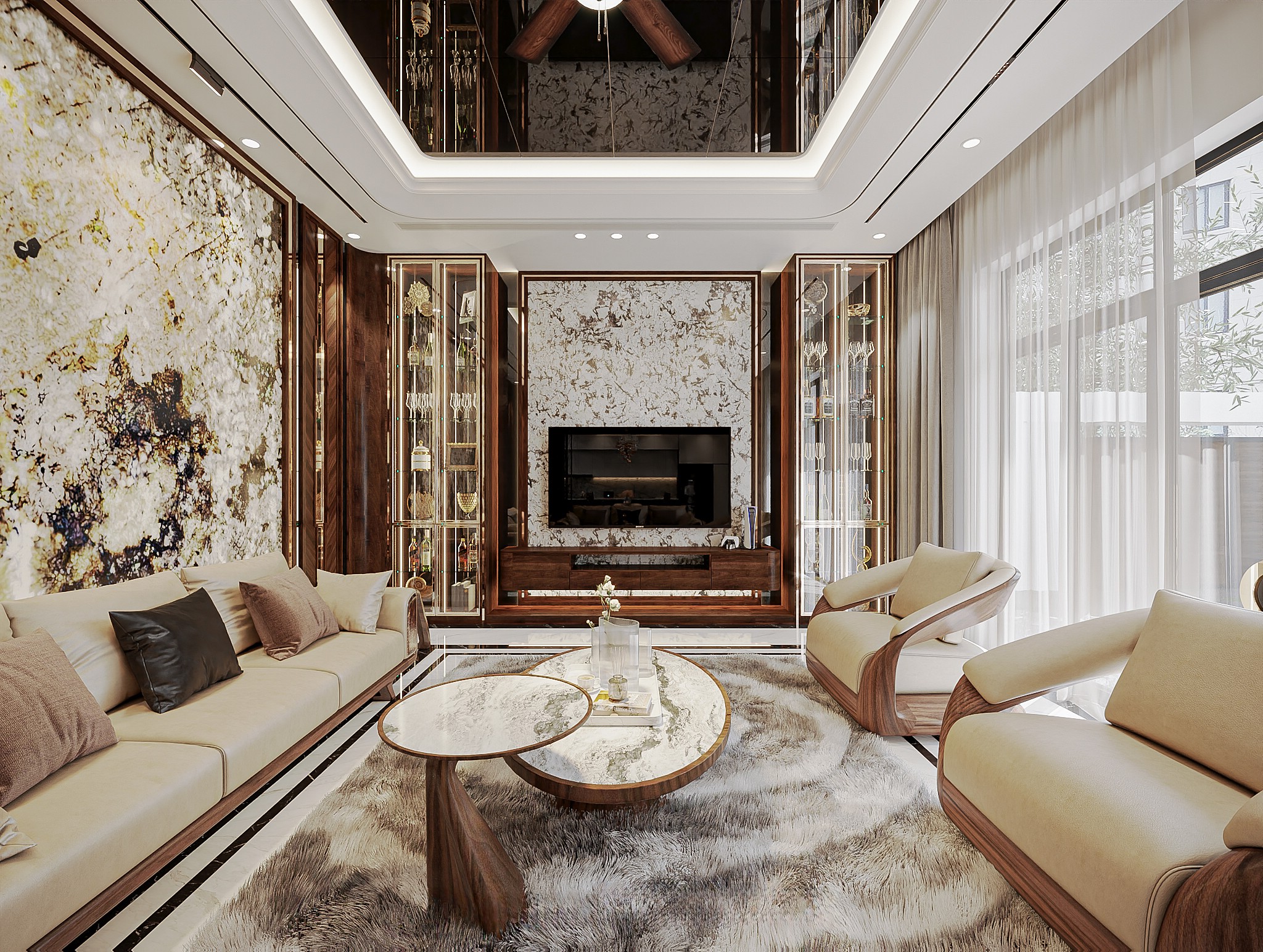 Kệ tivi kết hợp tủ rượu gỗ óc chó treo tường với tủ rượu cánh kính cao kịch trần