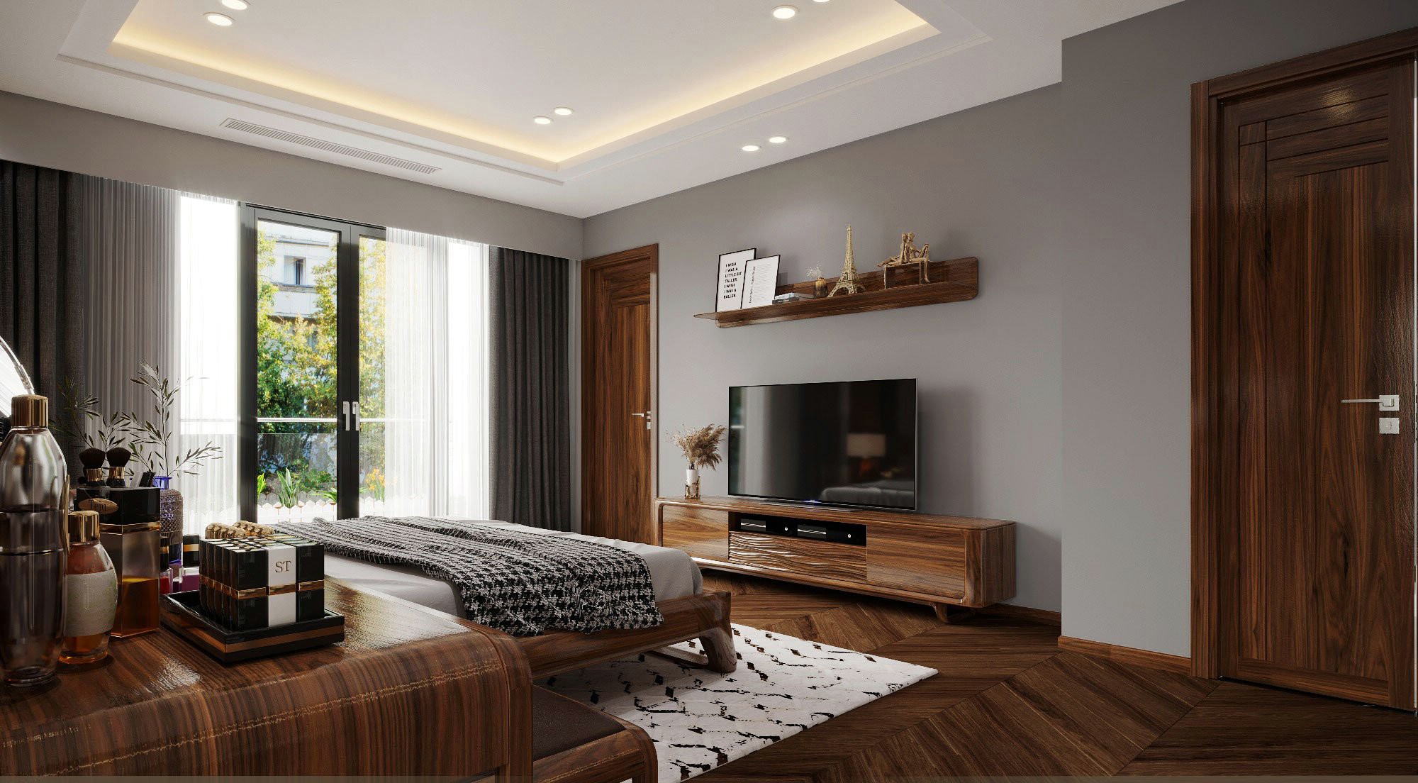 Kệ tivi phòng ngủ hiện đại dáng thấp bằng gỗ veneer óc chó