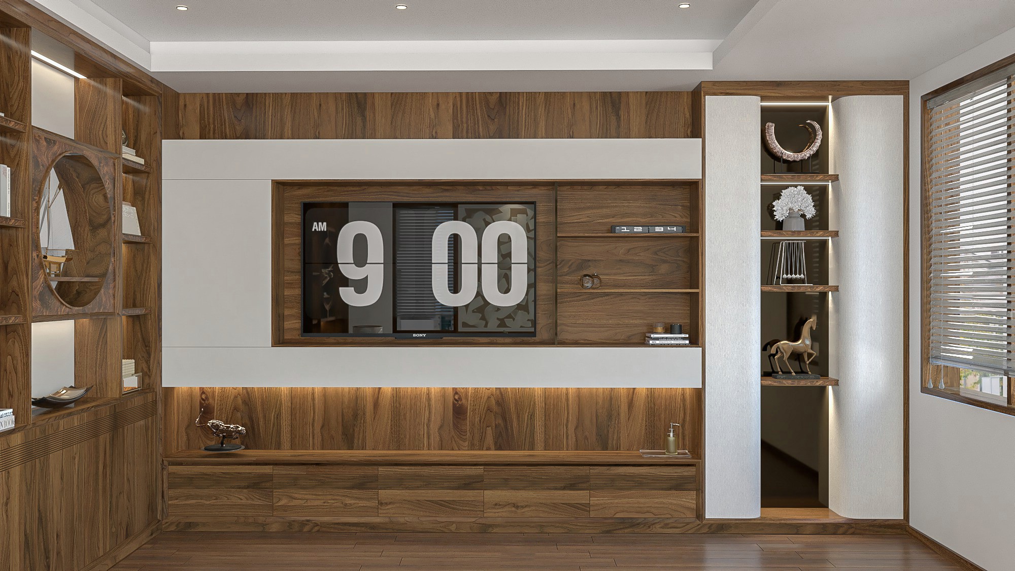 kệ treo tivi gỗ MDF phủ veneer óc chó kết hợp Laminate trắng hiện đại