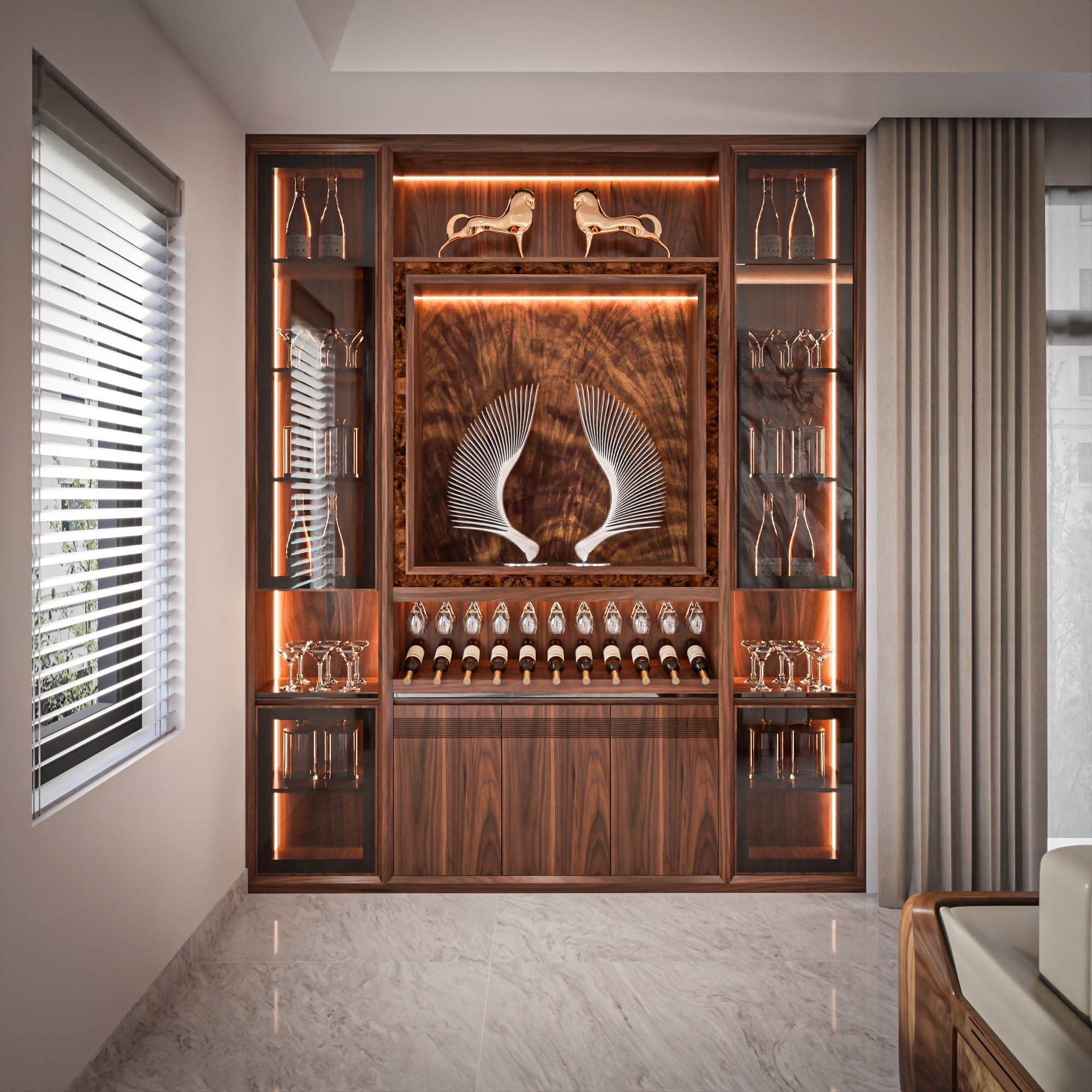 Kệ tủ rượu phòng khách âm tường cao kịch trần chất liệu gỗ óc chó