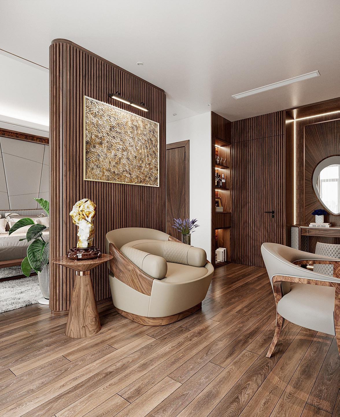 Kệ vách ngăn đẹp hình oval cao kịch trần ốp lam sóng giả gỗ