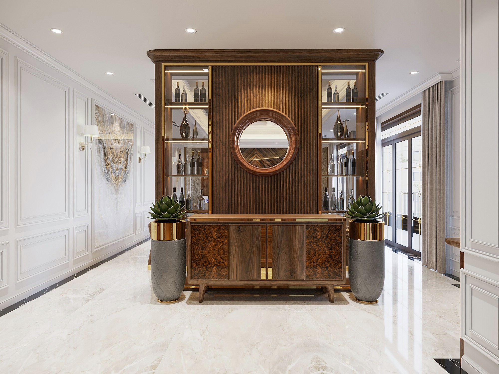 Kệ vách ngăn phòng khách cao kịch trần lam sóng gỗ và kệ kính hiện đại