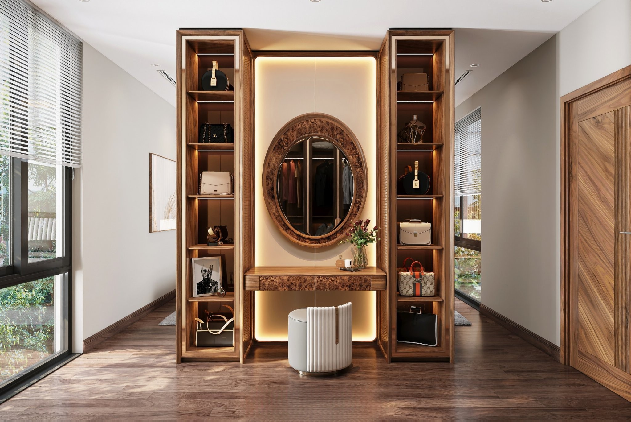 Bàn trang điểm gỗ Óc Chó đẹp thiết kế khối liền với gương oval ốp Nu và đèn LED