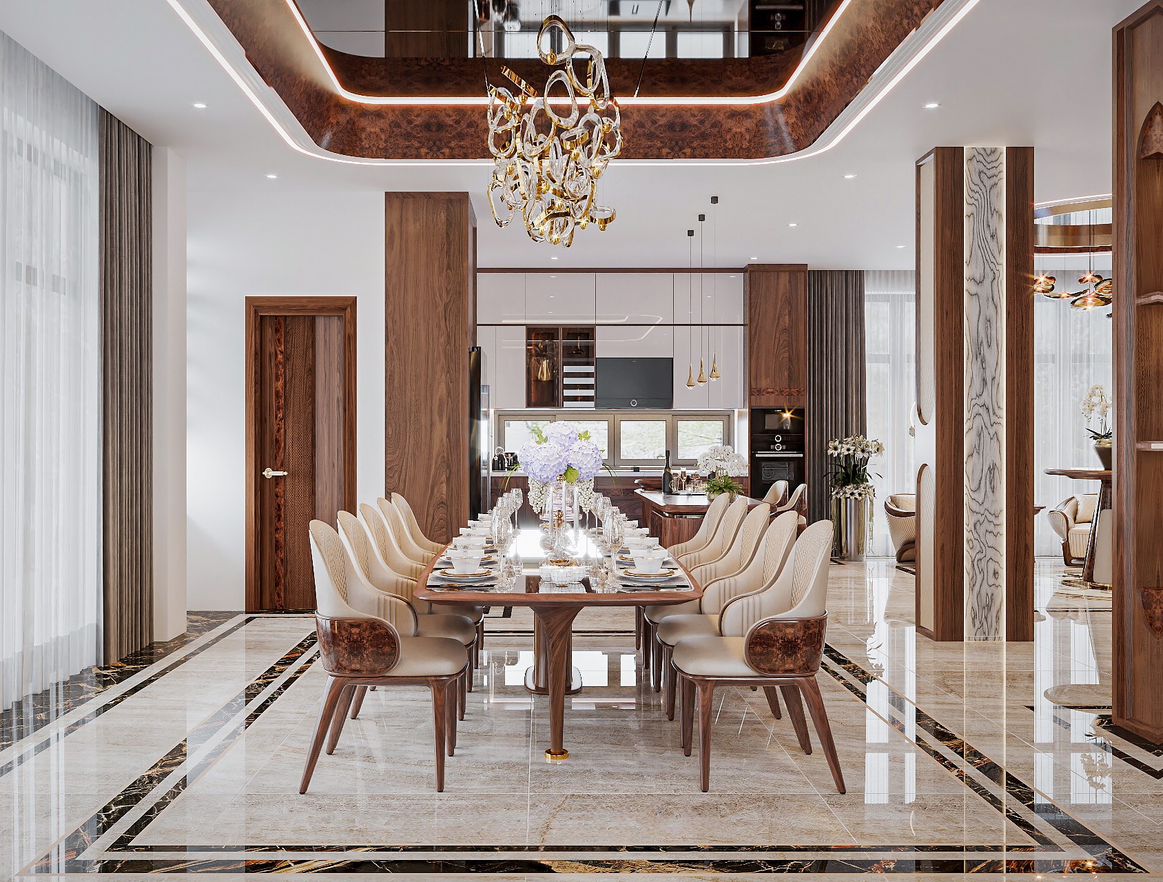 Mẫu bàn ăn đẹp 10 ghế sang trọng cho phòng bếp rộng