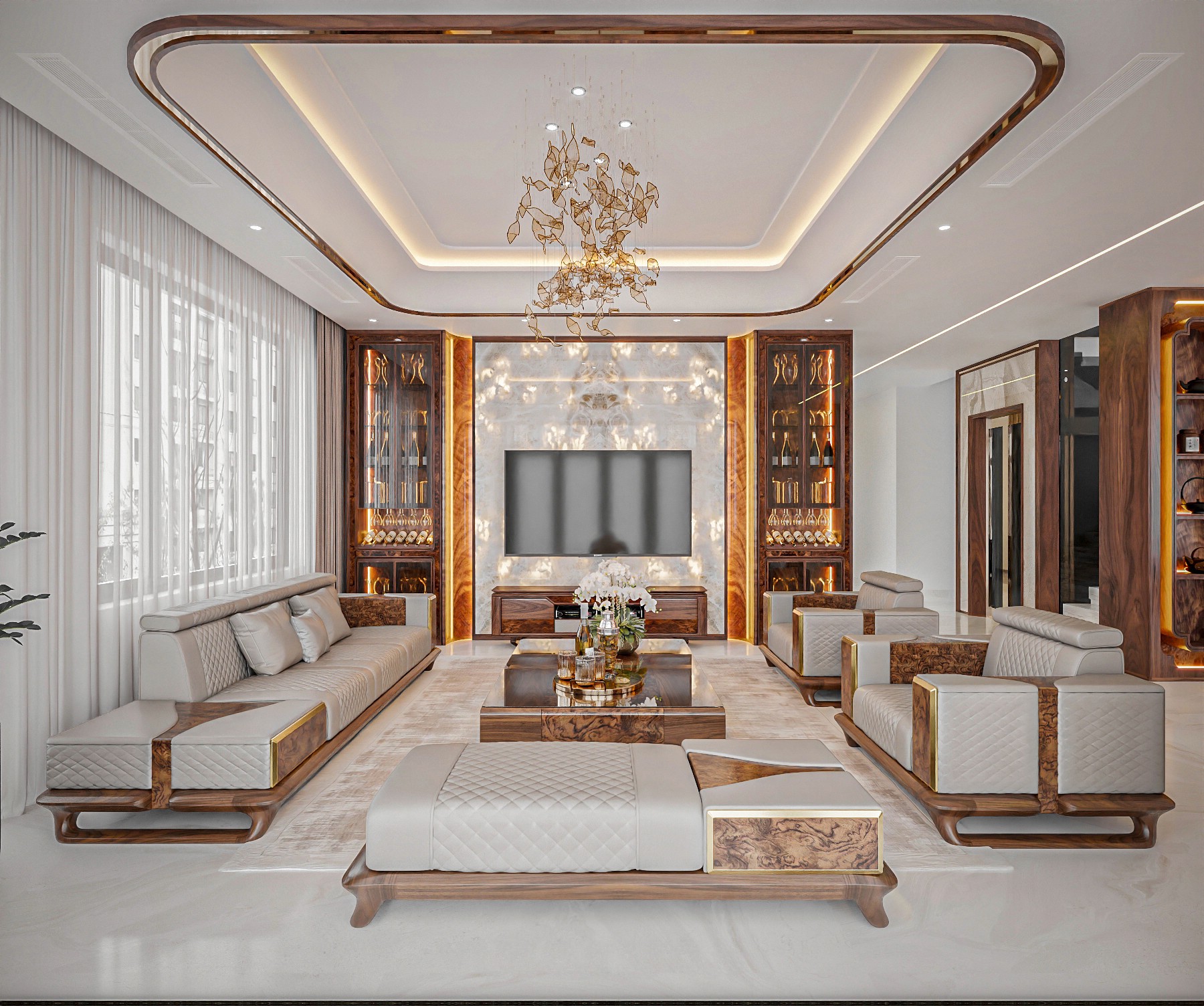 mẫu bàn ghế gỗ phòng khách hiện đại bằng gỗ óc chó với sofa văng 3 chỗ, ghế đơn, ghế đôn và bàn trà mặt kính