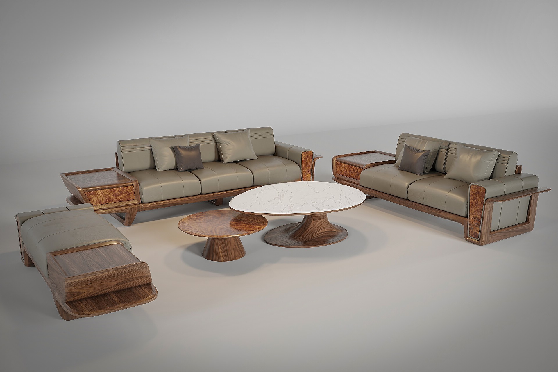 Mẫu bàn ghế gỗ phòng khách hiện đại với tay vịn ốp da và bàn trà mặt đá