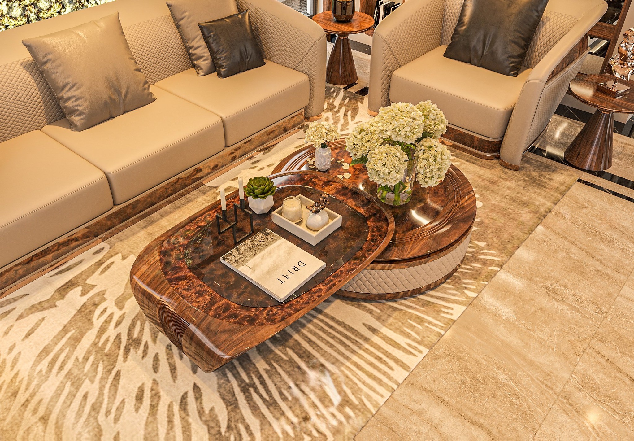 Mẫu bàn trà đẹp hiện đại 2 cấp tách rời bằng gỗ óc chó tự nhiên kết hợp kính và da sang trọng