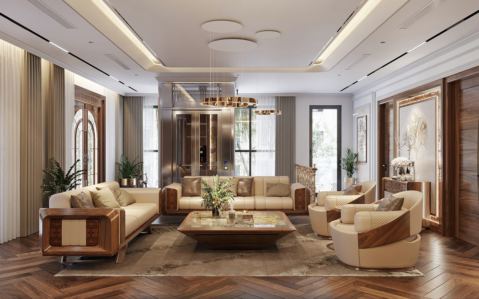 Mẫu ghế sofa gỗ đẹp phòng khách kích thước lớn với bàn trà đá cẩm thạch xanh