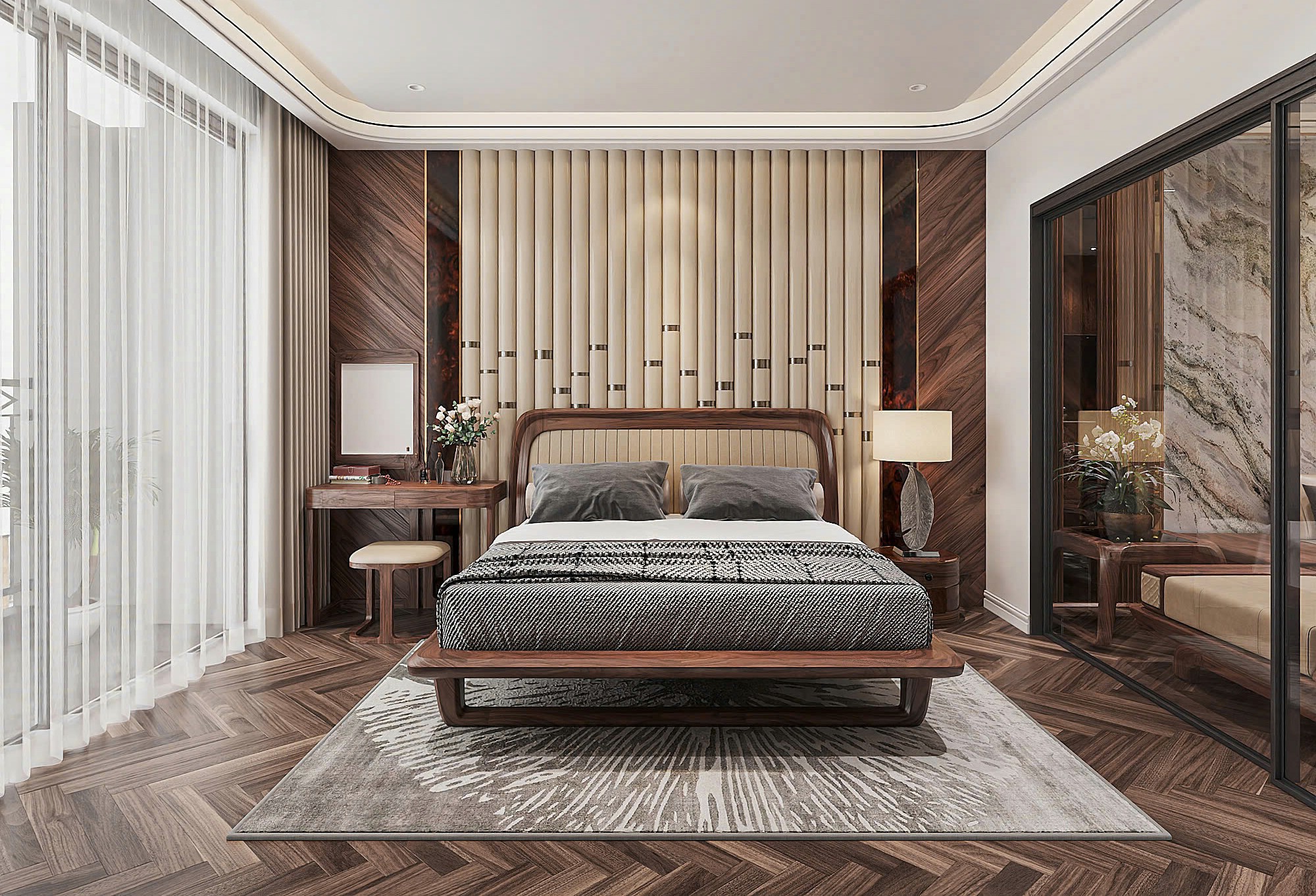 Mẫu giường ngủ đơn giản hiện đại khung chữ U bo tròn và tựa đầu bọc nệm da be vàng đậm