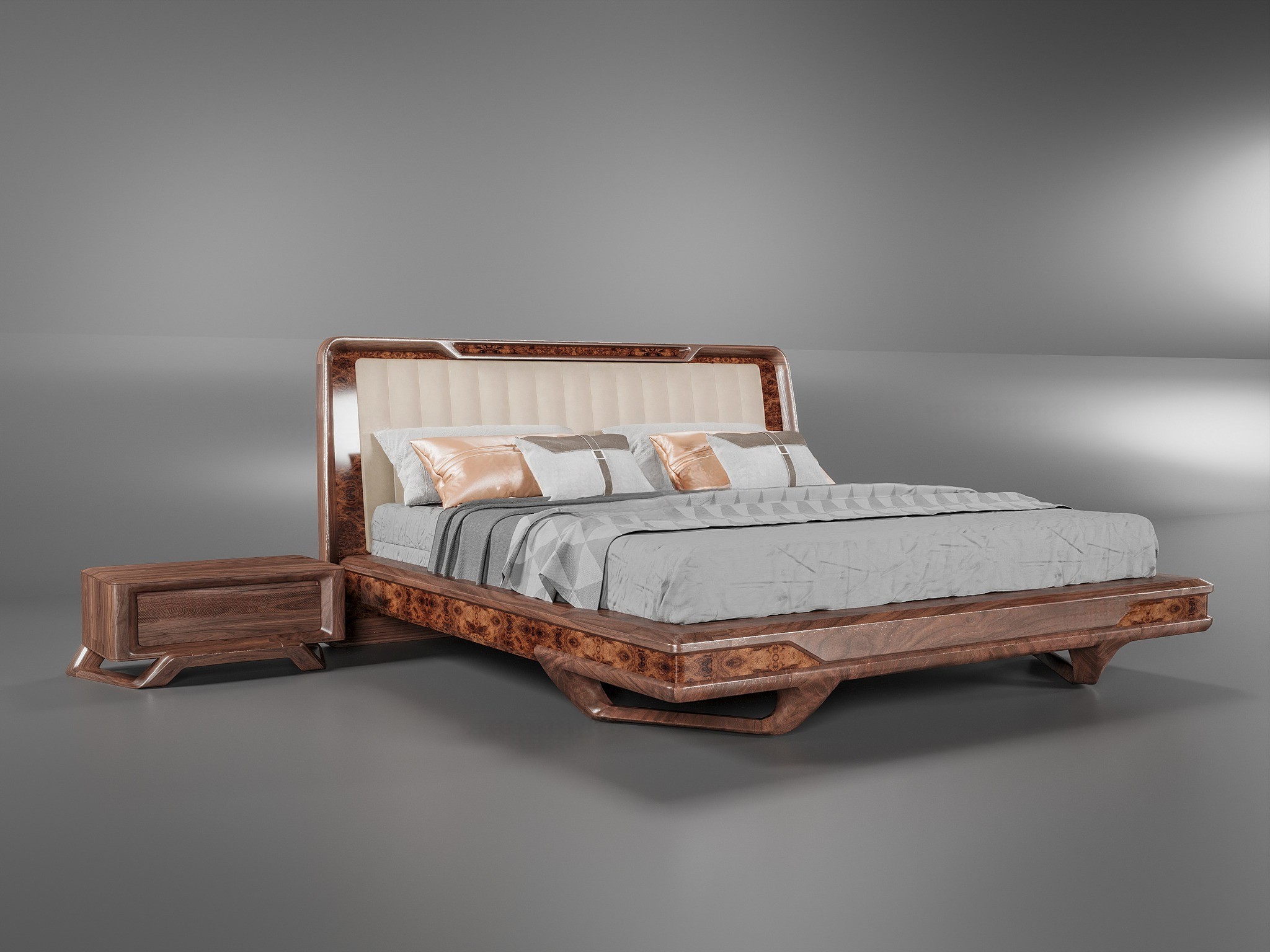 Mẫu giường ngủ gỗ óc chó hiện đại khung ốp veneer nu và tựa đầu bọc da kẻ sọc