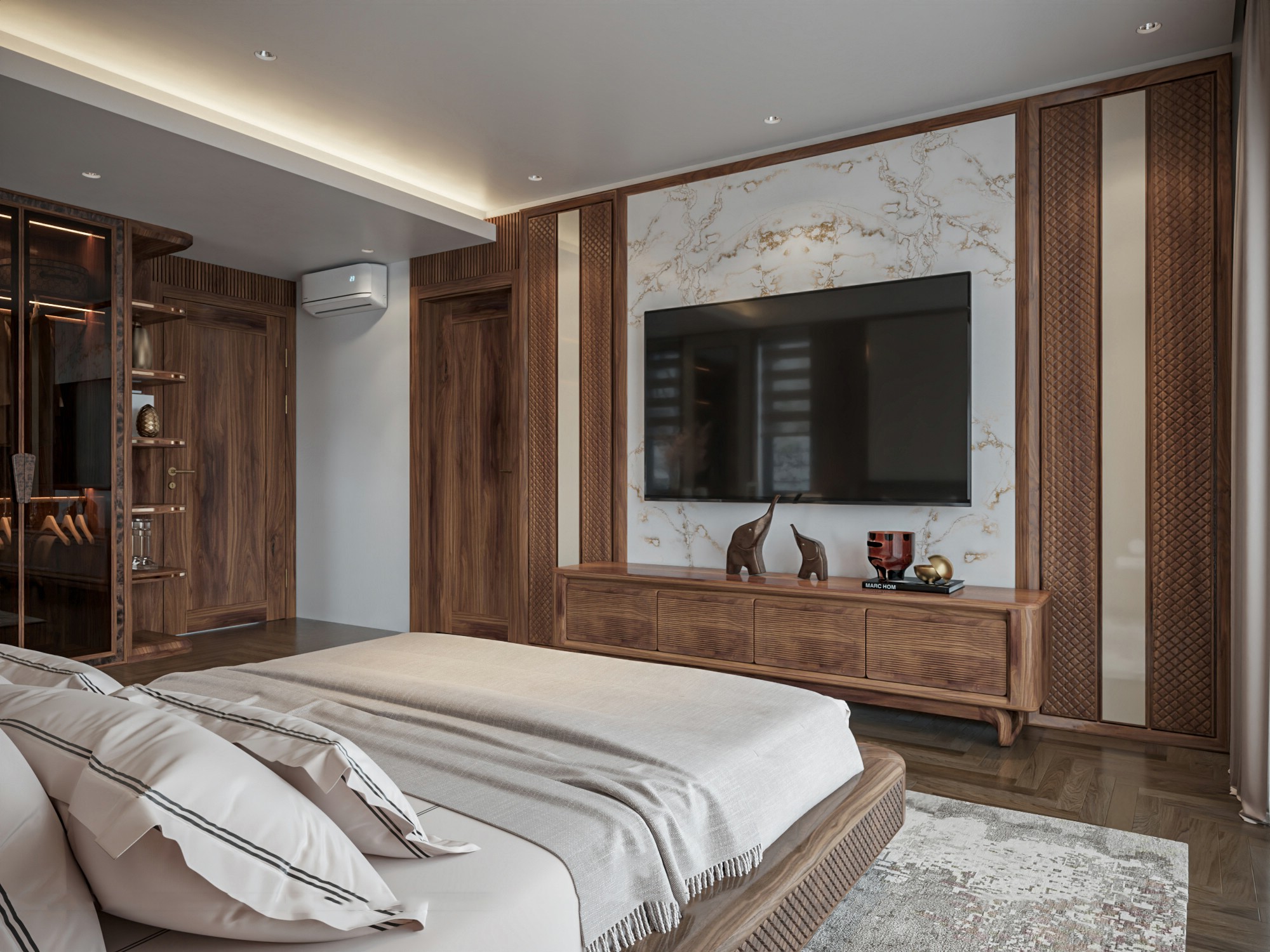 Mẫu kệ tivi đẹp hiện đại bằng gỗ óc chó tự nhiên với chân chữ U uốn cong