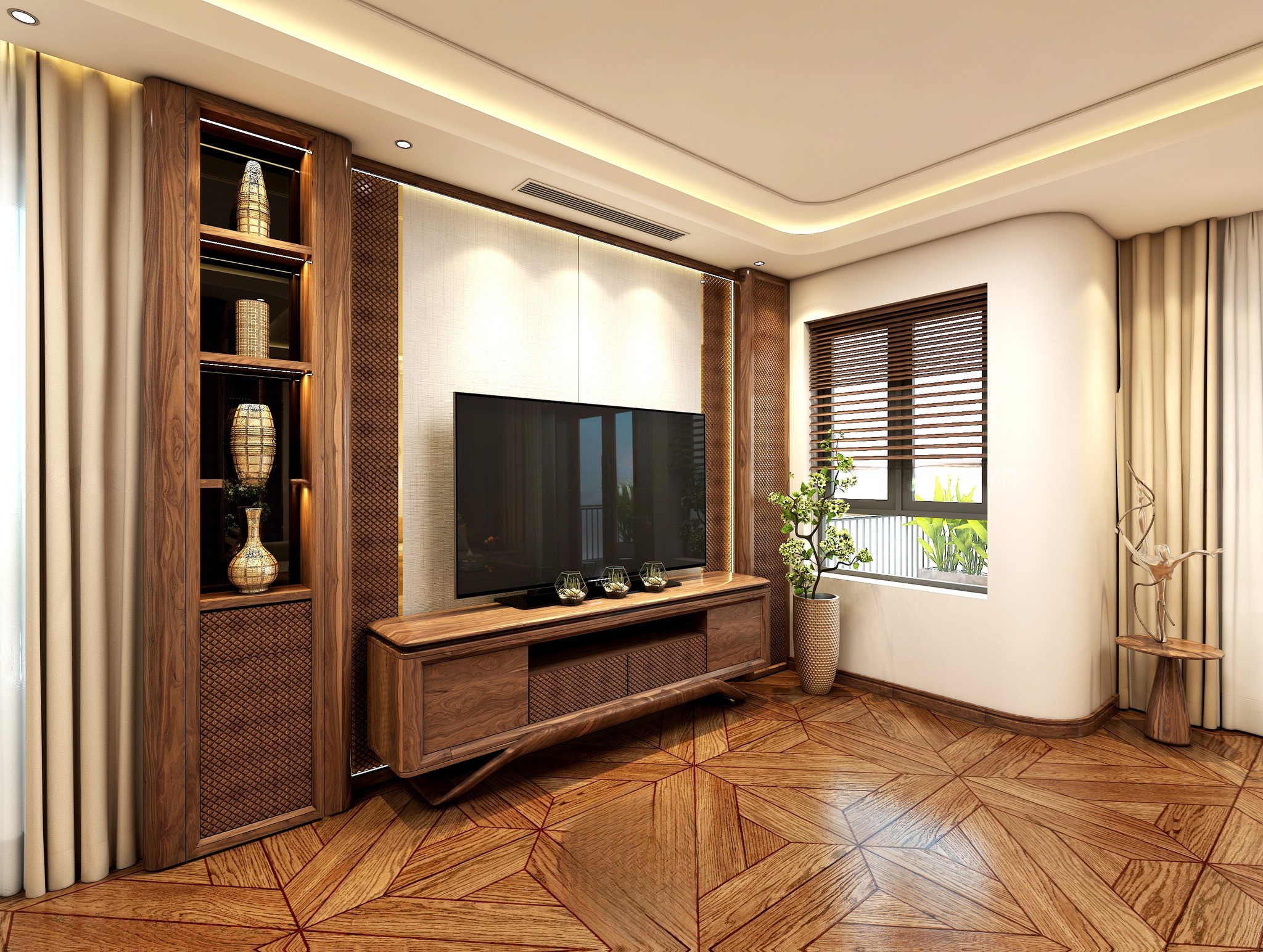 Mẫu kệ tivi gỗ đẹp hiện đại dáng thấp sát sàn với ngăn kéo CNC họa tiết quả trám