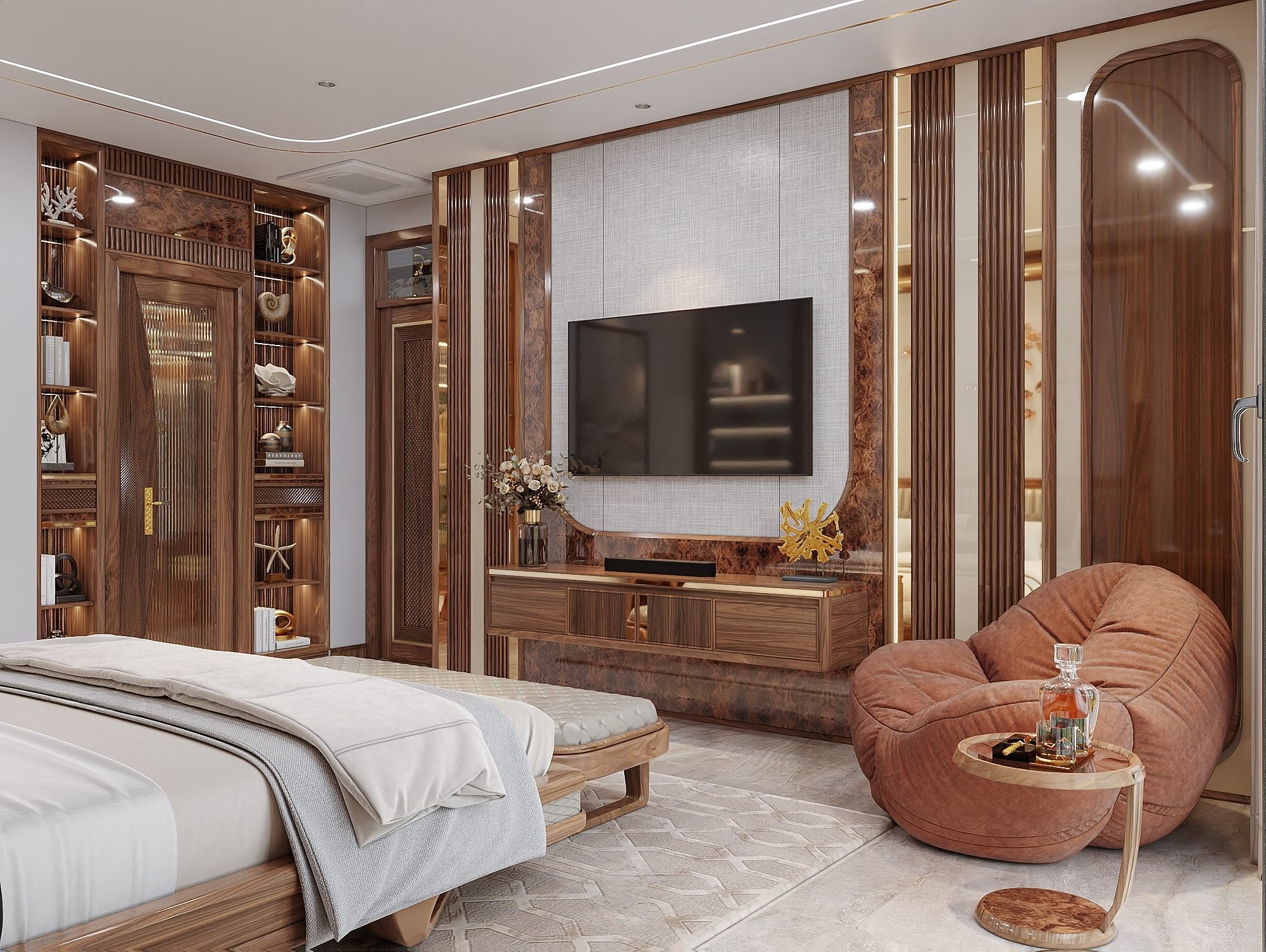 Mẫu kệ tivi hiện đại treo tường gỗ óc chó viền vàng đồng