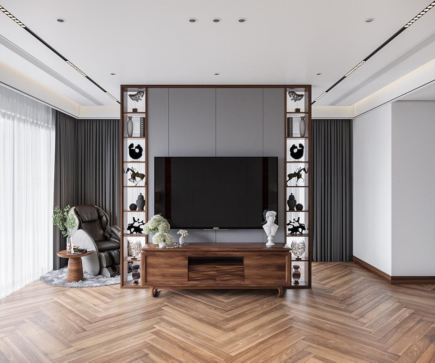 Mẫu kệ tivi phòng khách gỗ óc chó hoặc gỗ sồi CNC họa tiết sóng nước