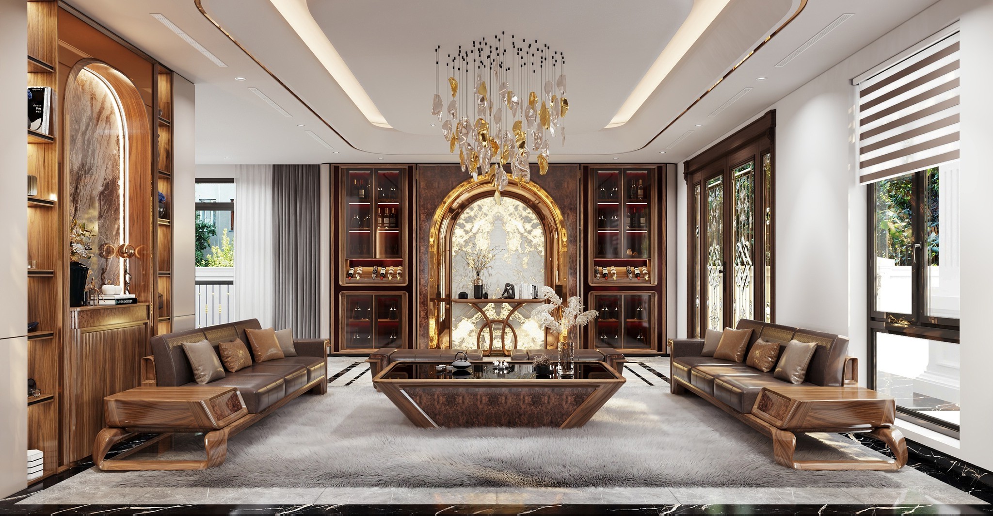 Mẫu nội thất phòng khách sang trọng với chất liệu gỗ óc chó và vách đá Onyx