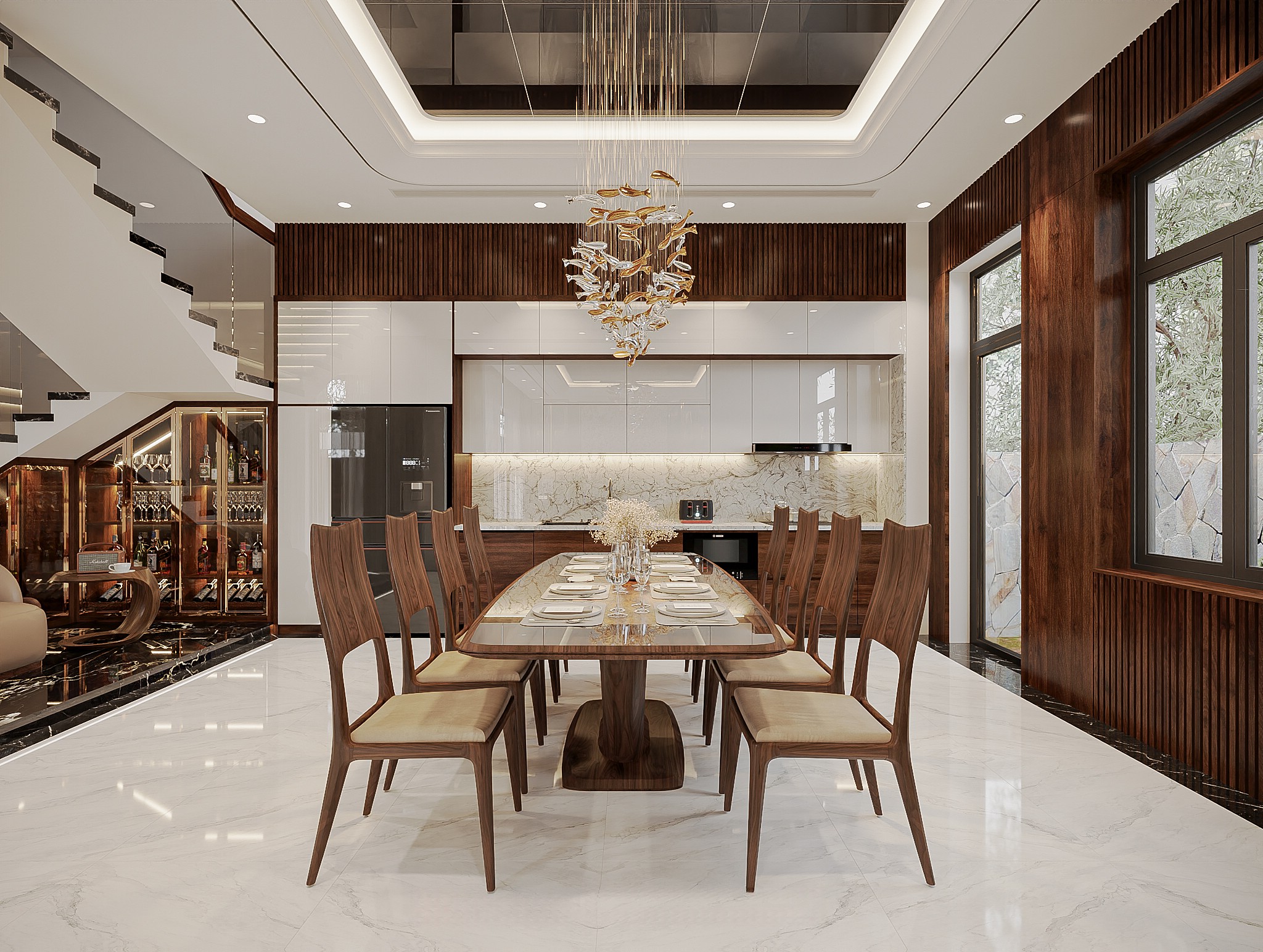 Mẫu phòng bếp đẹp hiện đại với tủ bếp acrylic trắng, laminate nâu ánh đỏ và bàn ăn gỗ óc chó