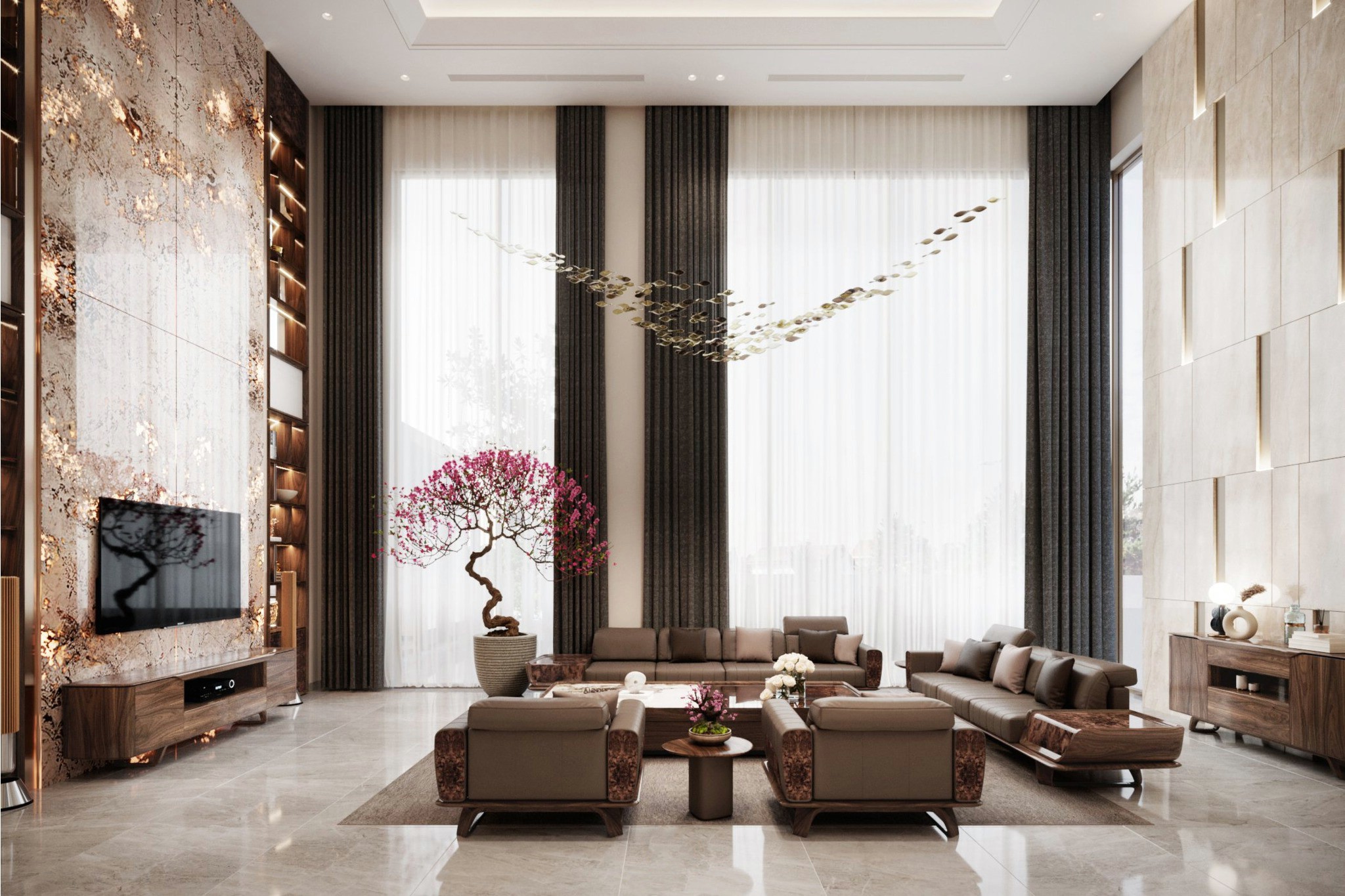 Mẫu phòng khách hiện đại thông tầng với tường ốp Onyx và nội thất gỗ óc chó