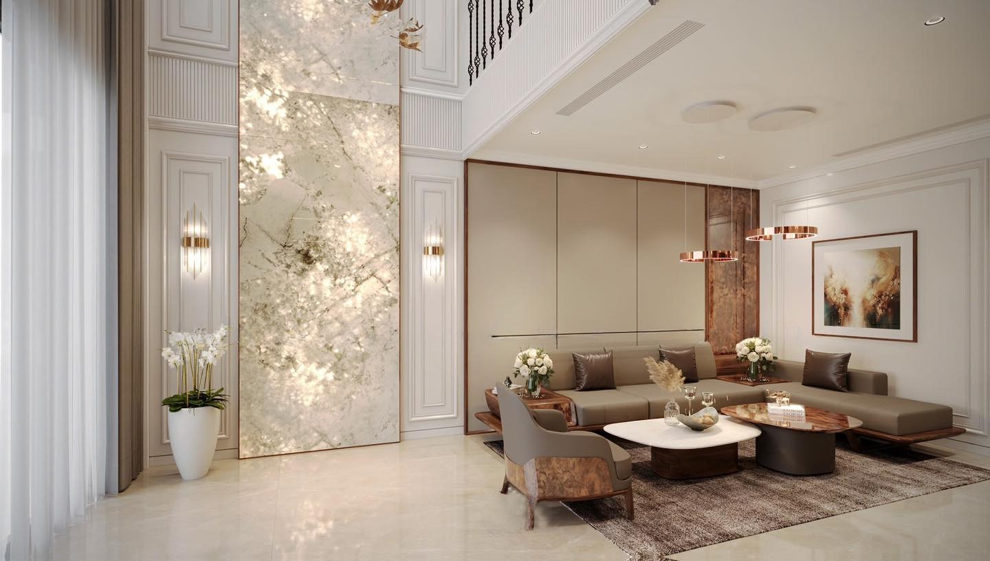 Mẫu sofa gỗ chữ L đẹp bằng gỗ óc chó tự nhiên với bàn trà 2 tầng sang trọng