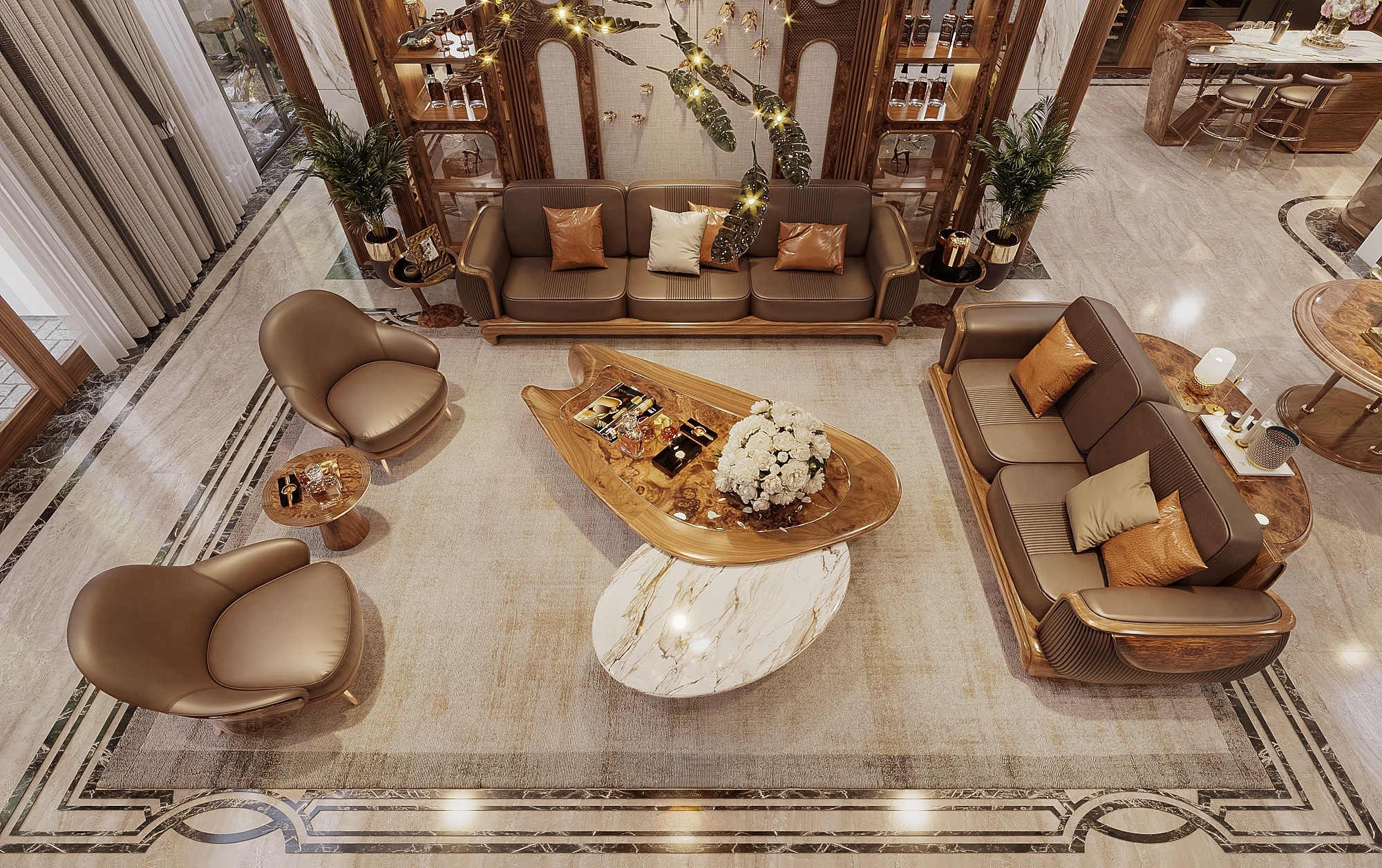 Mẫu sofa gỗ óc chó với ghế văng, ghế đơn và bàn trà veneer nu – đá marble