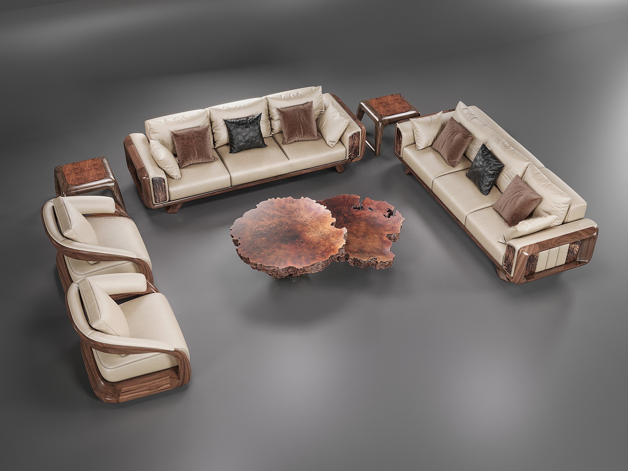 Mẫu sofa gỗ tự nhiên hiện đại kết hợp sofa văng, ghế đơn và bàn trà nguyên khối phủ veneer nu