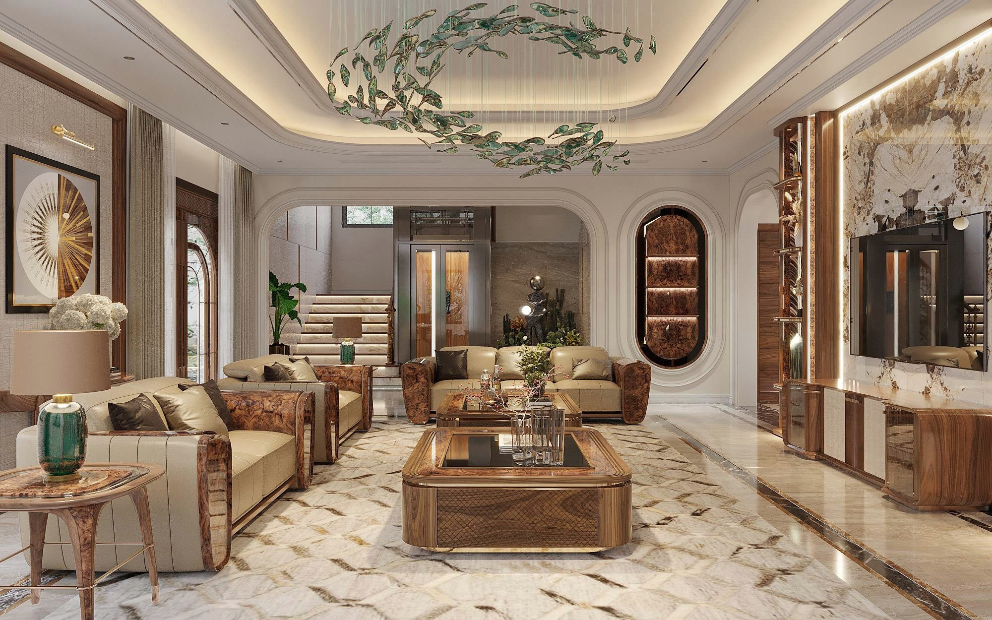 Mẫu thiết kế phòng khách đẹp sang trọng với nội thất gỗ óc chó