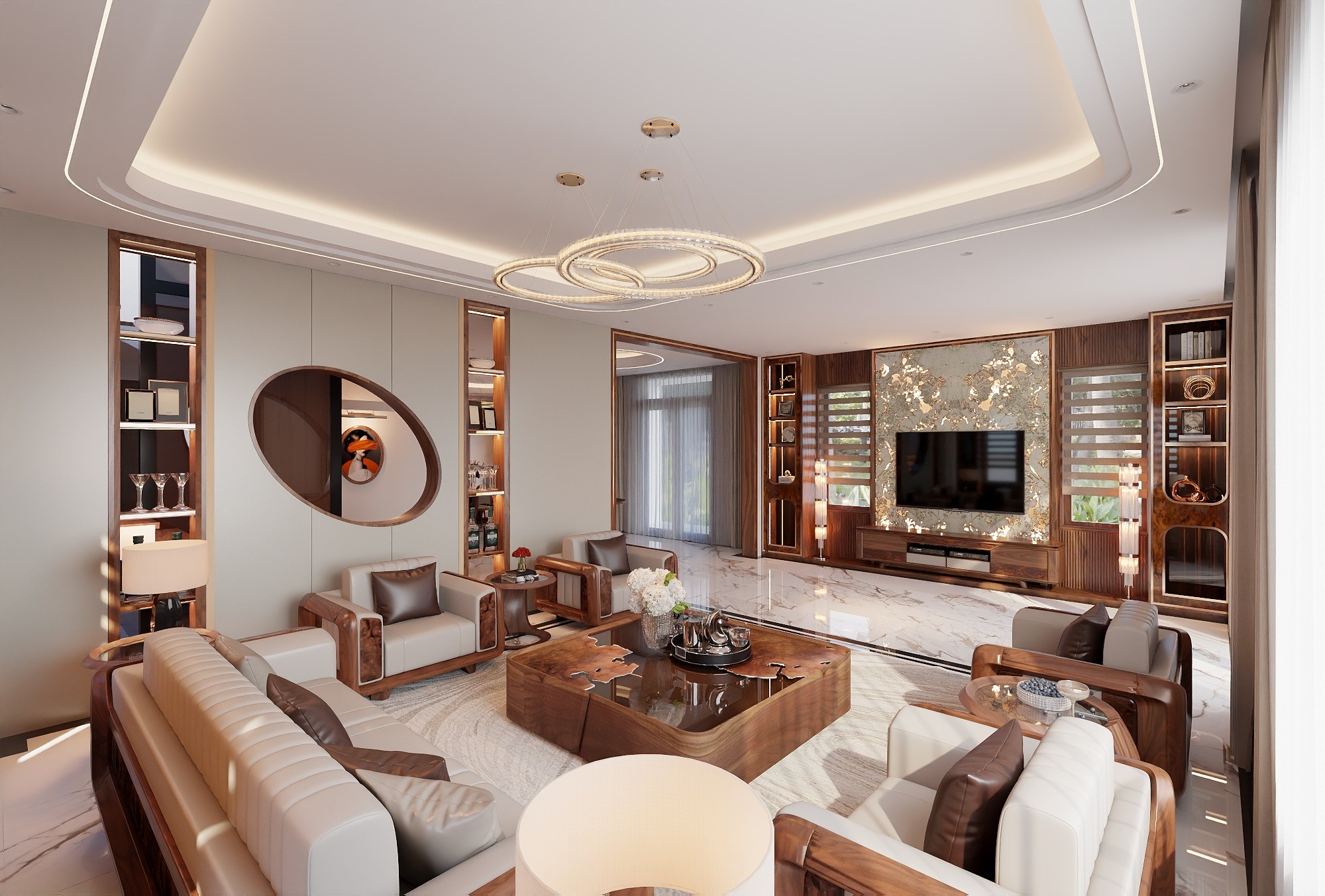 mẫu thiết kế phòng khách gỗ sồi tự nhiên sofa đối xứng vách đá Onyx xuyên sáng