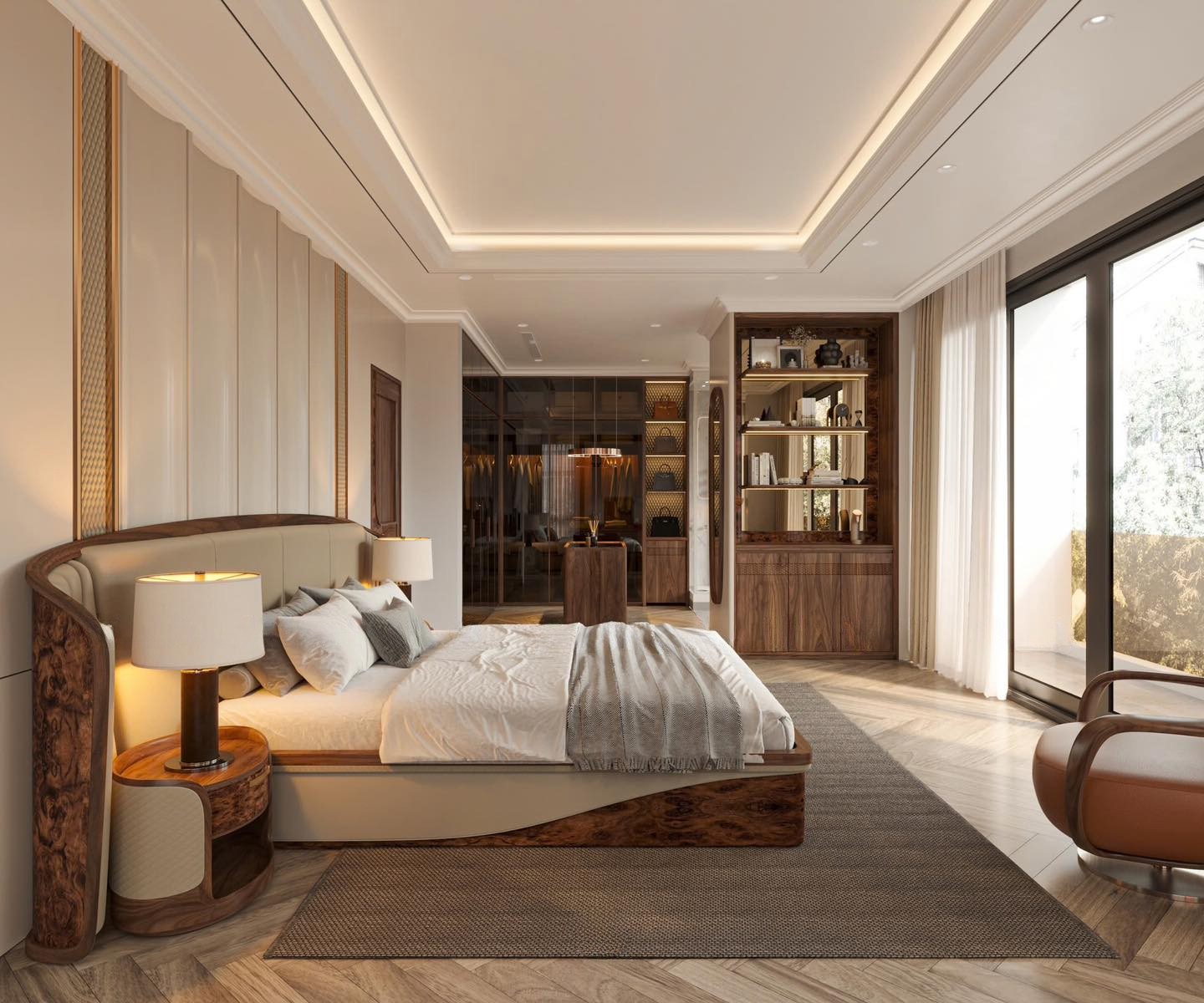 Mẫu thiết kế phòng ngủ đẹp hiện đại với giường vòm cung và tủ quần áo âm tường