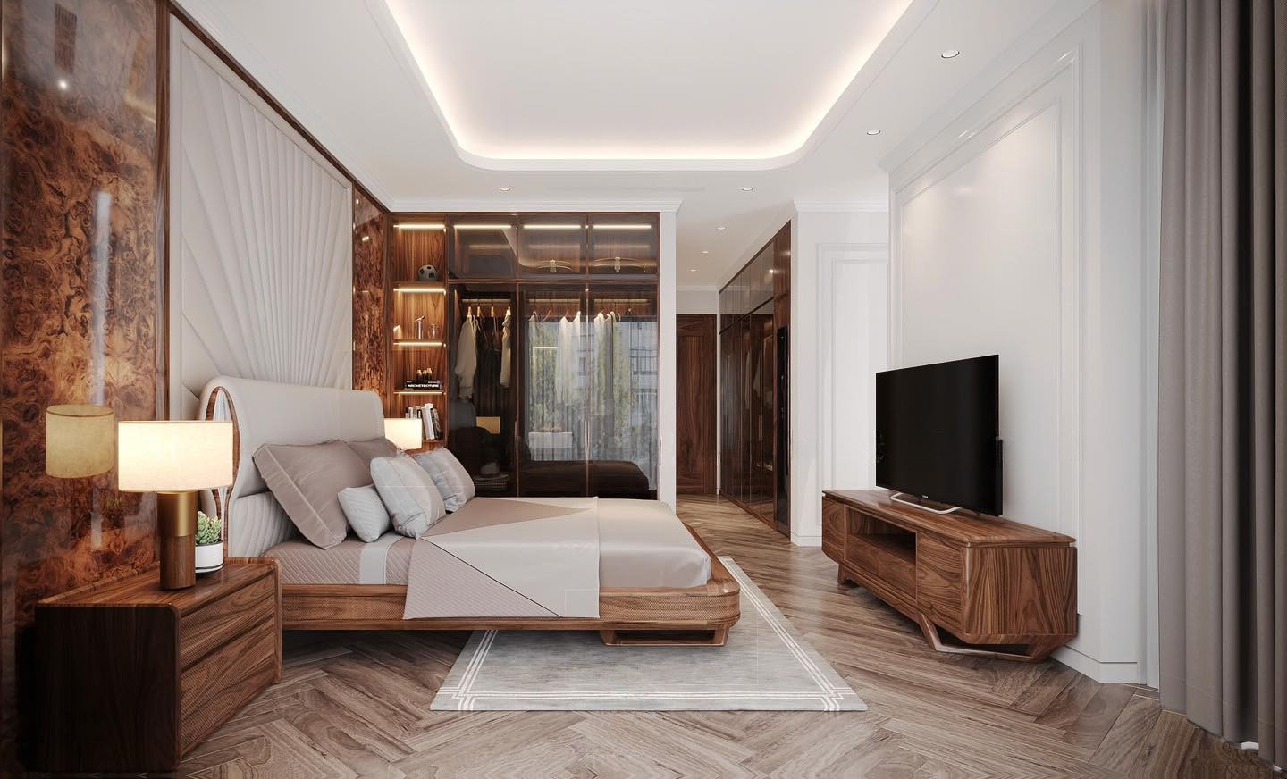 Mẫu thiết kế phòng ngủ hiện đại với tường ốp PVC vân gỗ nu và giường gỗ óc chó