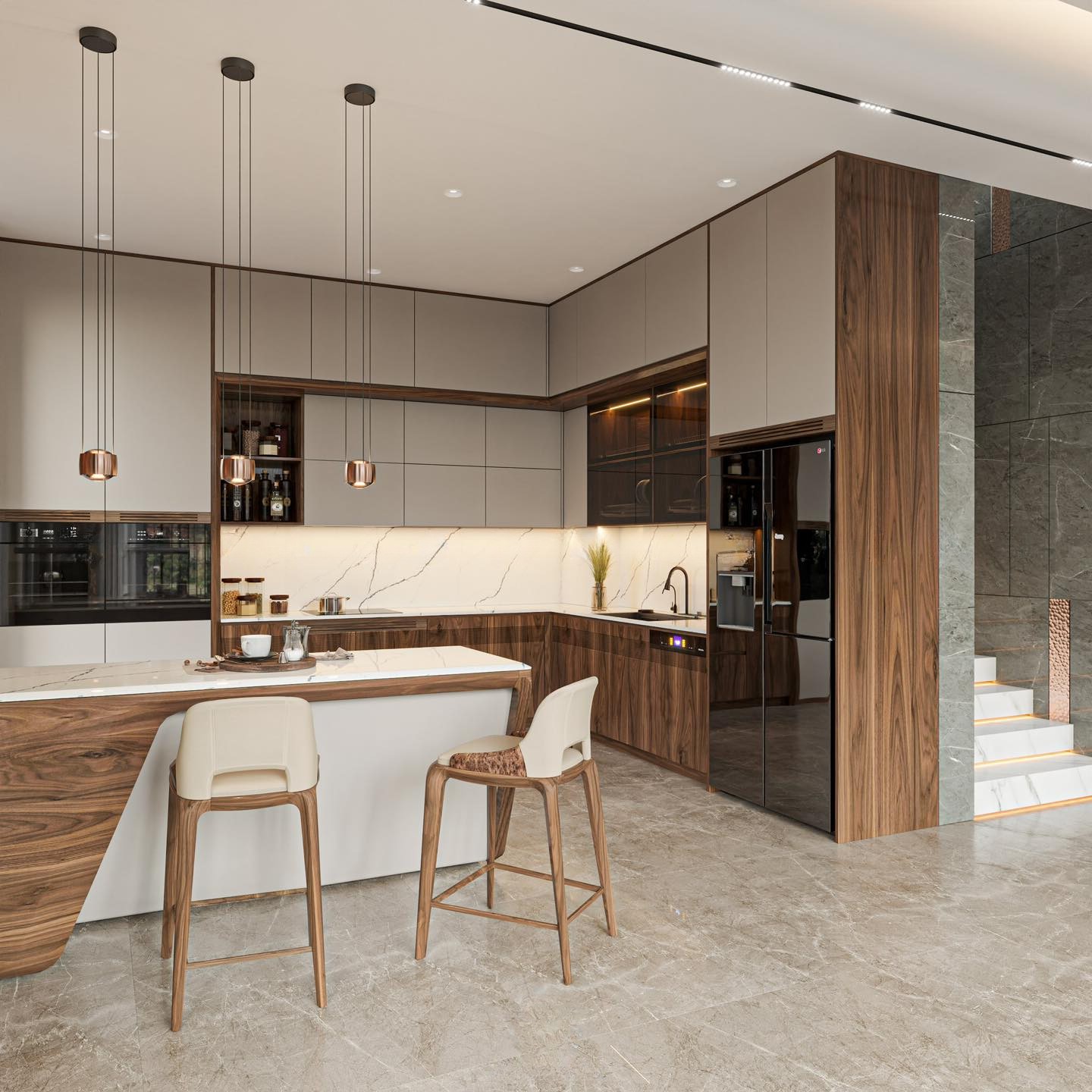 Tủ bếp chữ L có bàn bar hình hộp, veneer óc chó và acrylic trắng, ốp đá granite trắng vân đen