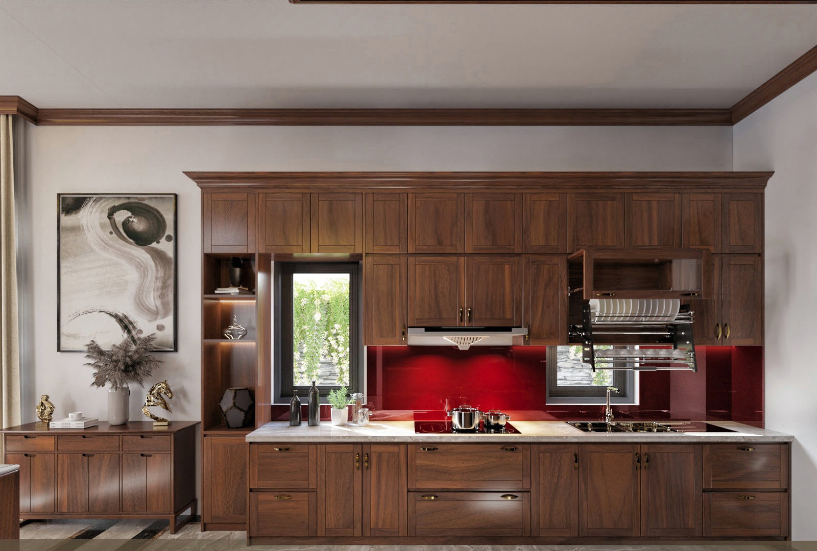 Mẫu tủ bếp chữ L nhỏ đẹp bằng gỗ óc chó sang trọng