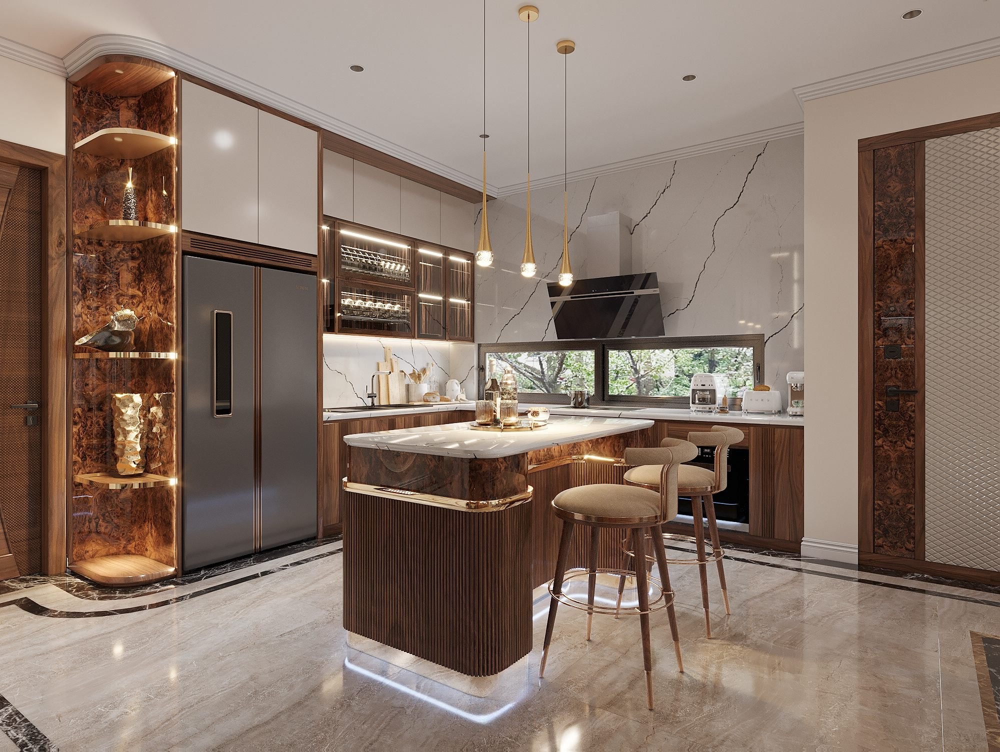 Mẫu tủ bếp gỗ chữ L đẹp hiện đại với bàn đảo ốp lam sóng và mặt đá vân mây