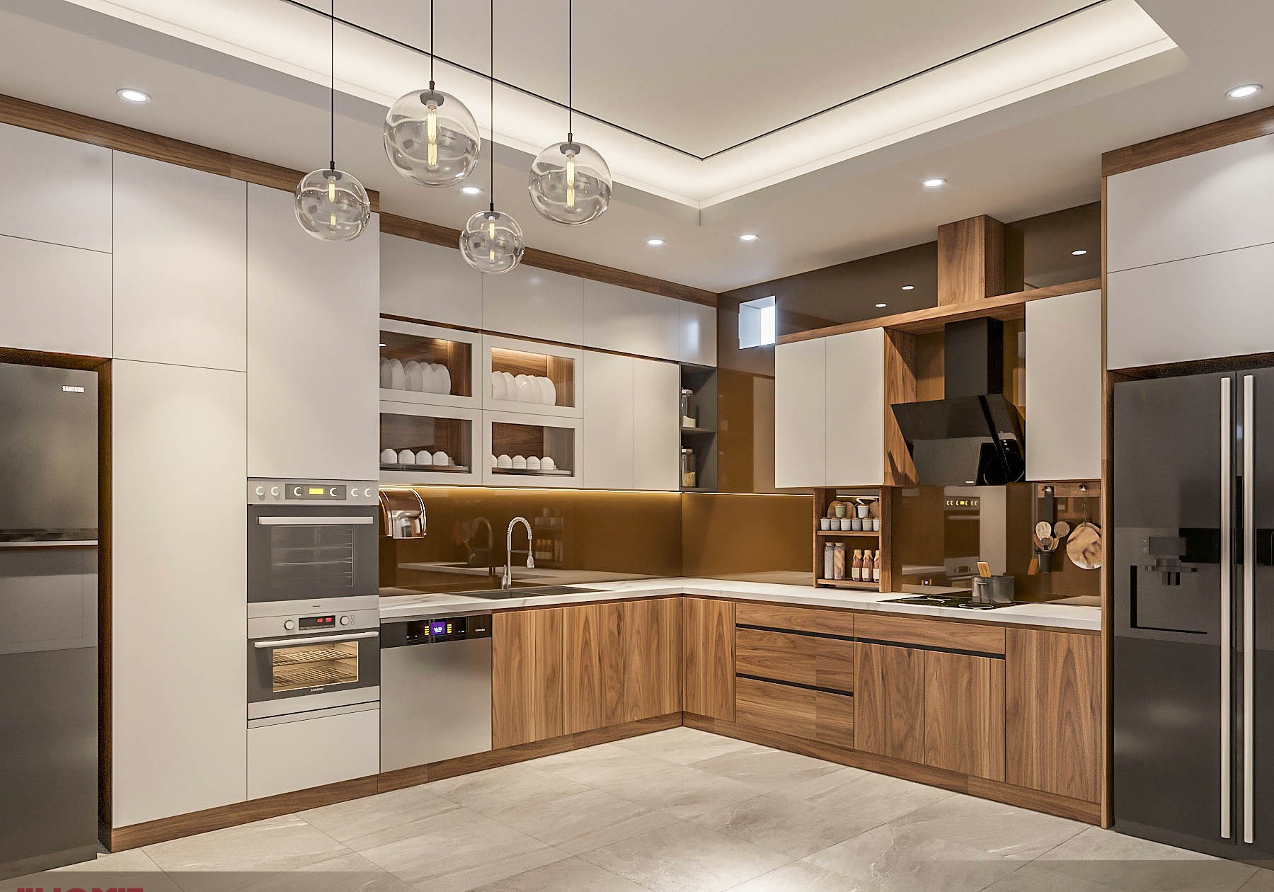 Mẫu tủ bếp gỗ công nghiệp chữ L MDF phủ acrylic và vân gỗ hiện đại