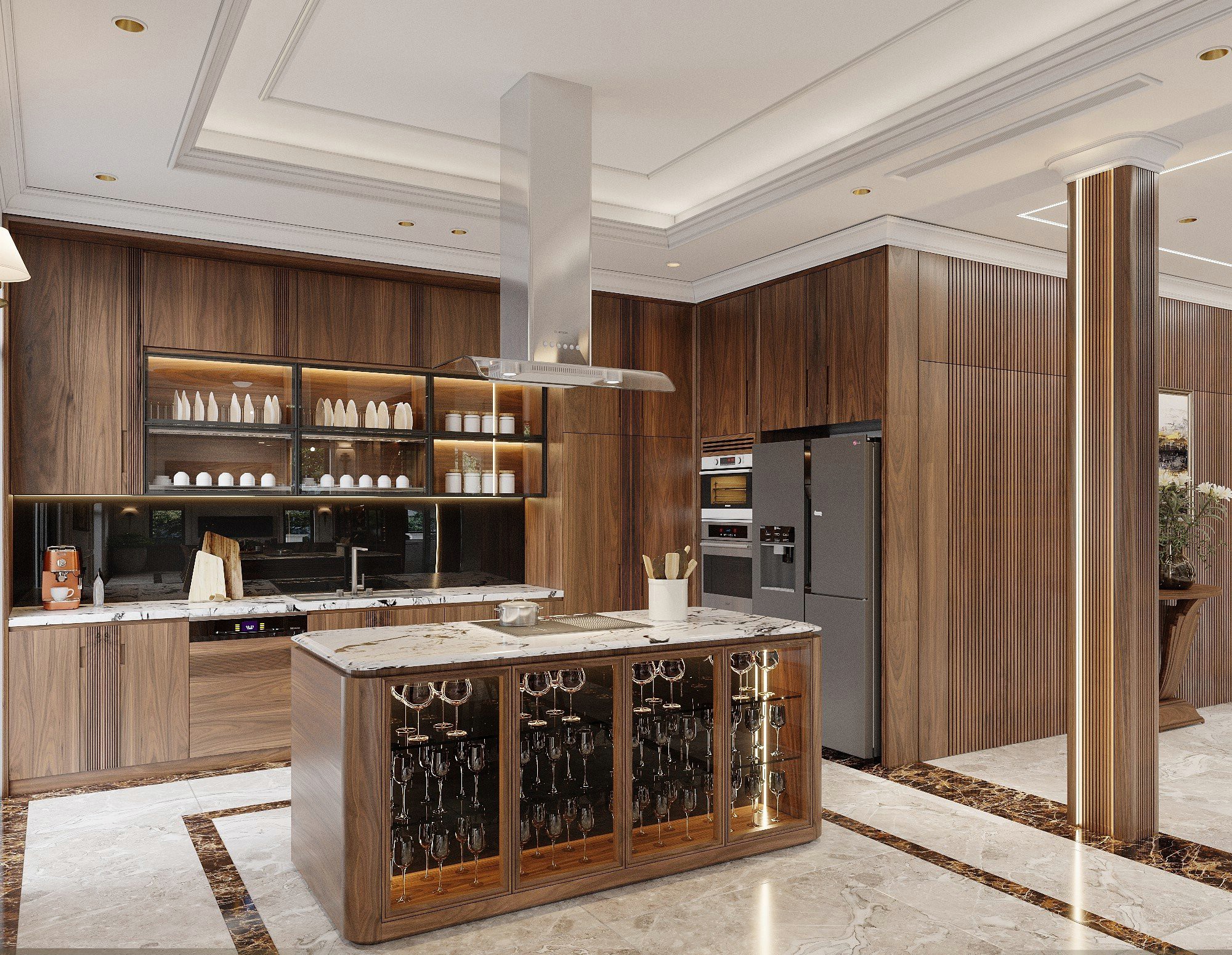 Mẫu tủ bếp gỗ tự nhiên cao cấp với bàn đảo và mặt đá granite hiện đại