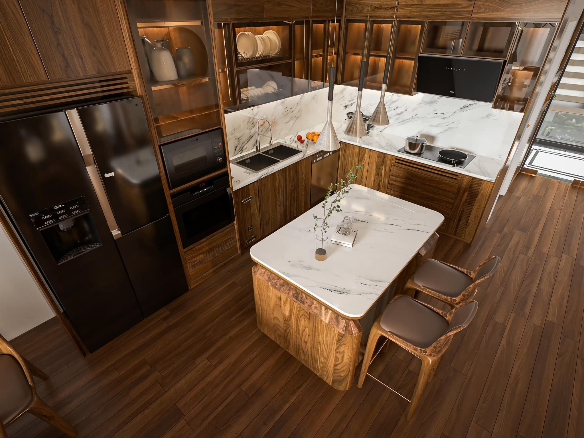 Mẫu tủ bếp gỗ tự nhiên chữ L cao kịch trần kết hợp mặt đá granite trắng vân xám đen