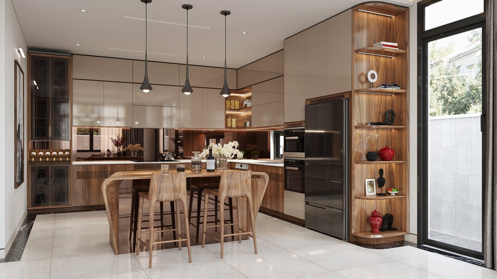 Mẫu tủ bếp hiện đại chữ L kết hợp tủ rượu và bàn bar sang trọng