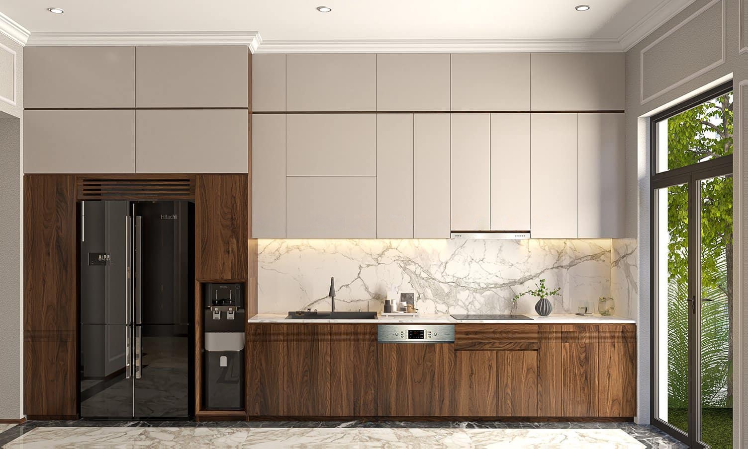 Mẫu tủ bếp thẳng đẹp âm tường cao kịch trần hiện đại